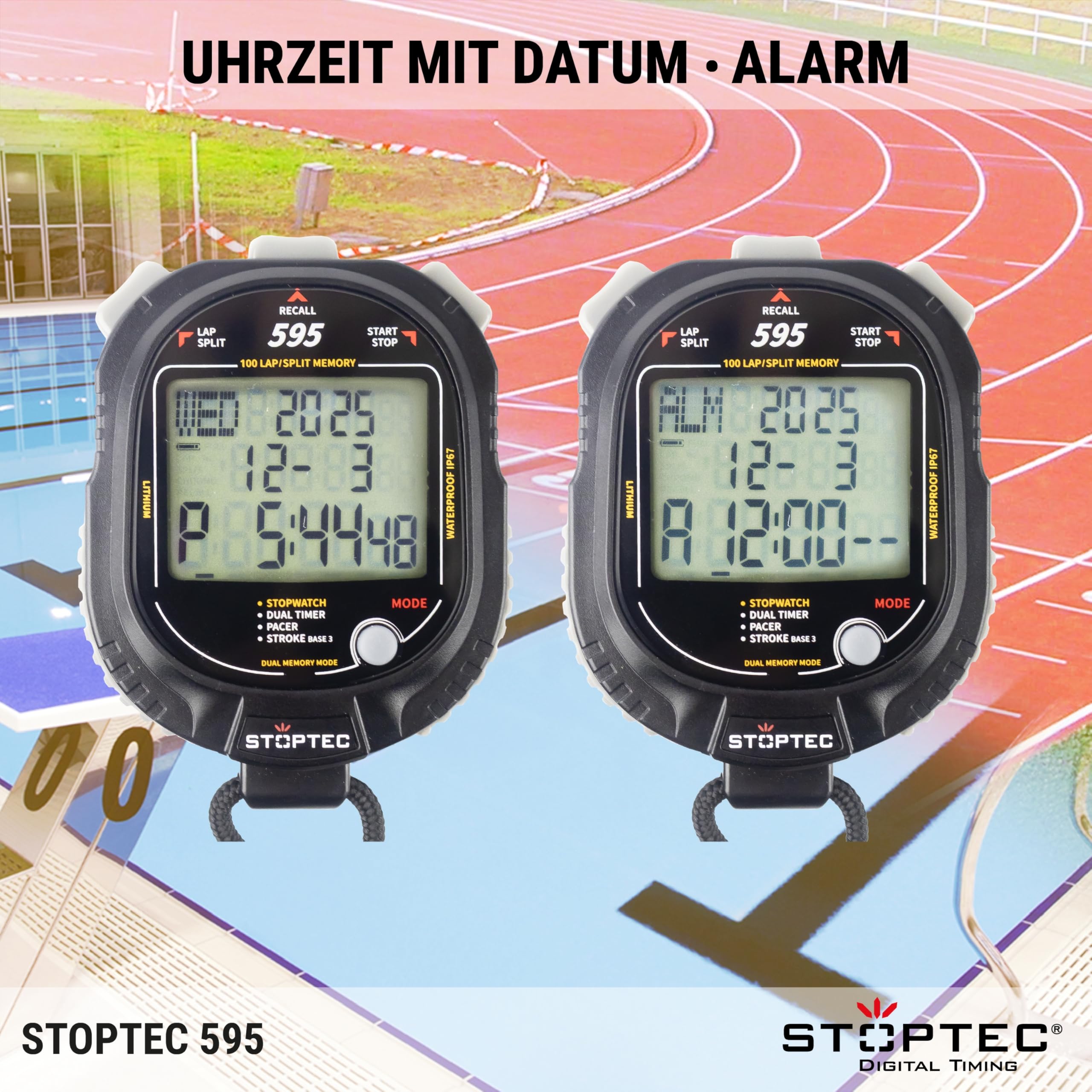Stoptec Cronometro 595, grande display a 3 righe, meccanismo a punto di pressione, 100 memoria, doppio timer, Pacer, misurazione del numero di impatti, display e suono commutabili, resistente alla