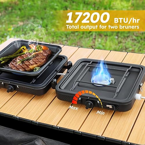 Miniatura 2 de Estufa de campamento de propano de 2 quemadores, quemadores ajustables de 17200 BTU, estufa de campamento de propano plegable con parrilla y