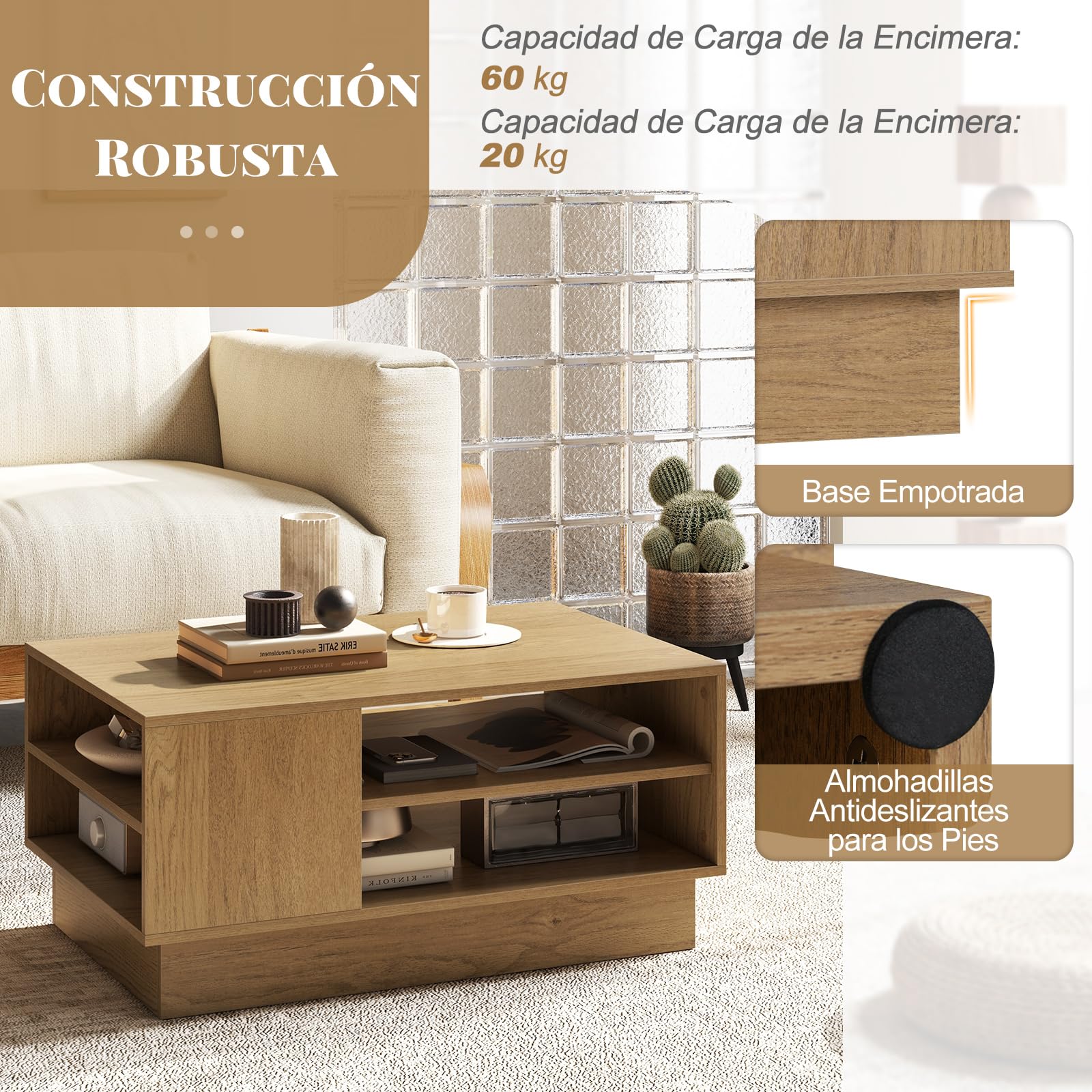 COSTWAY Mesa de Centro Moderna, Mesa Rectangular con 2 Estantes Abiertos, Mesa Auxiliar para Salon, Sala de Recepción, Sala de Espera, 86 x 56 x 41 cm (Natural)