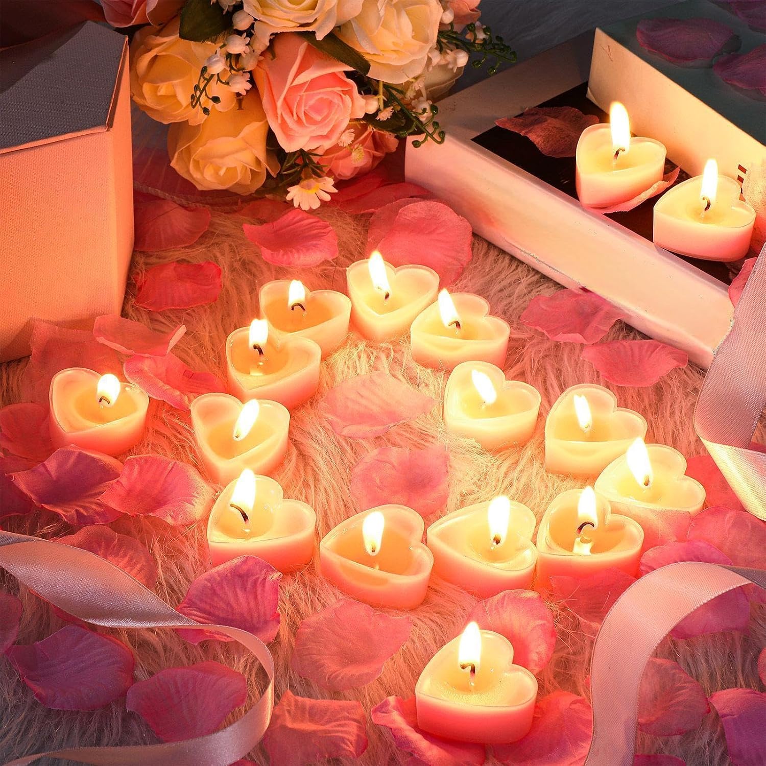 MTLEE 6000 Pcs Valentines Artificial Rose Petals with 72 Pcs Heart Tealight Candles Fake Rose Petals and Smokeless Heart Candles Set for Valentine‘s Day Romantic Night Wedding Engagement Decor(Pink)