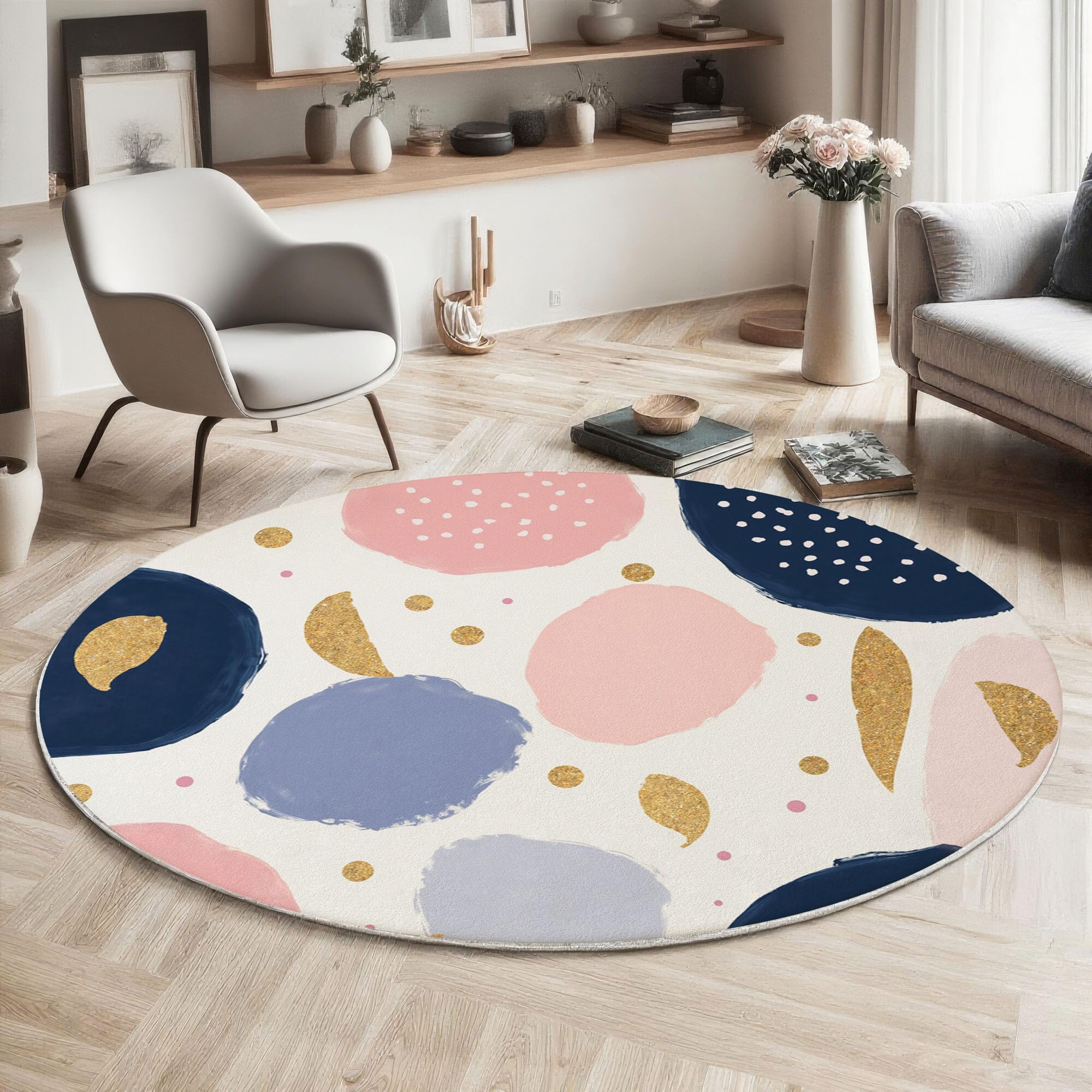 Tapis de chambre beige et bleu 100 cm lavable et antidérapant pour salon