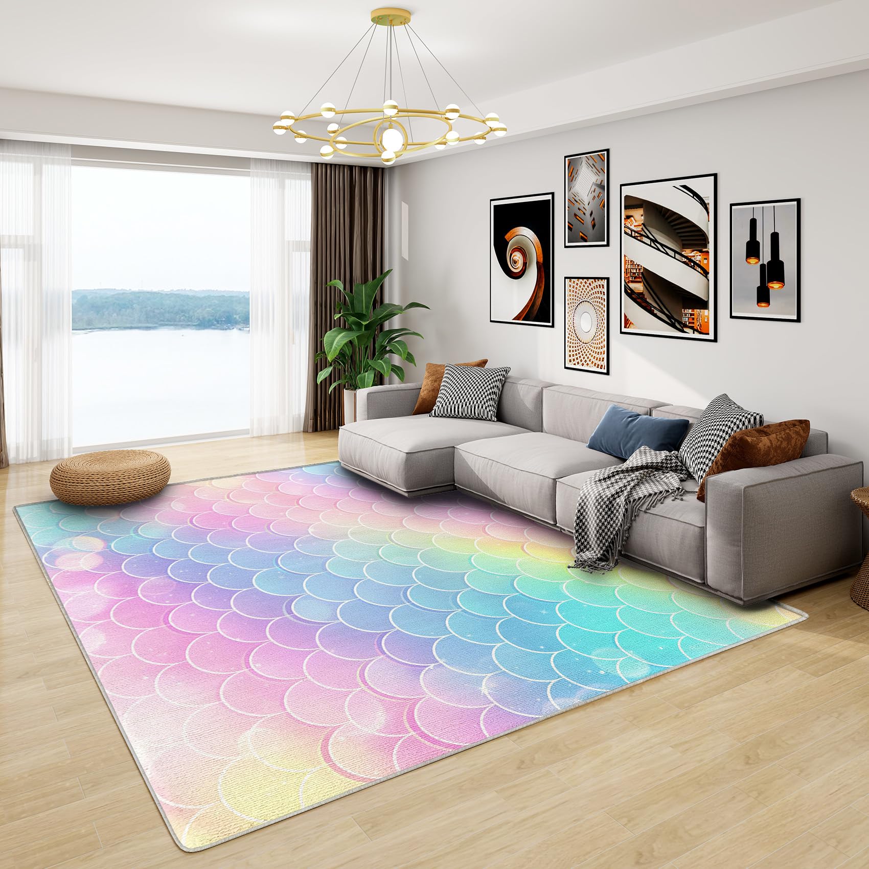 Mermaid Rugs for Girls Bedroom - Kids Ombre Rainbow Rug, Mermaid Scales Rugs for Living Room Bedroom, Washable Non Slip Soft Small Carpet, Patterned Area Rugs & Home Decor 40x60 cm