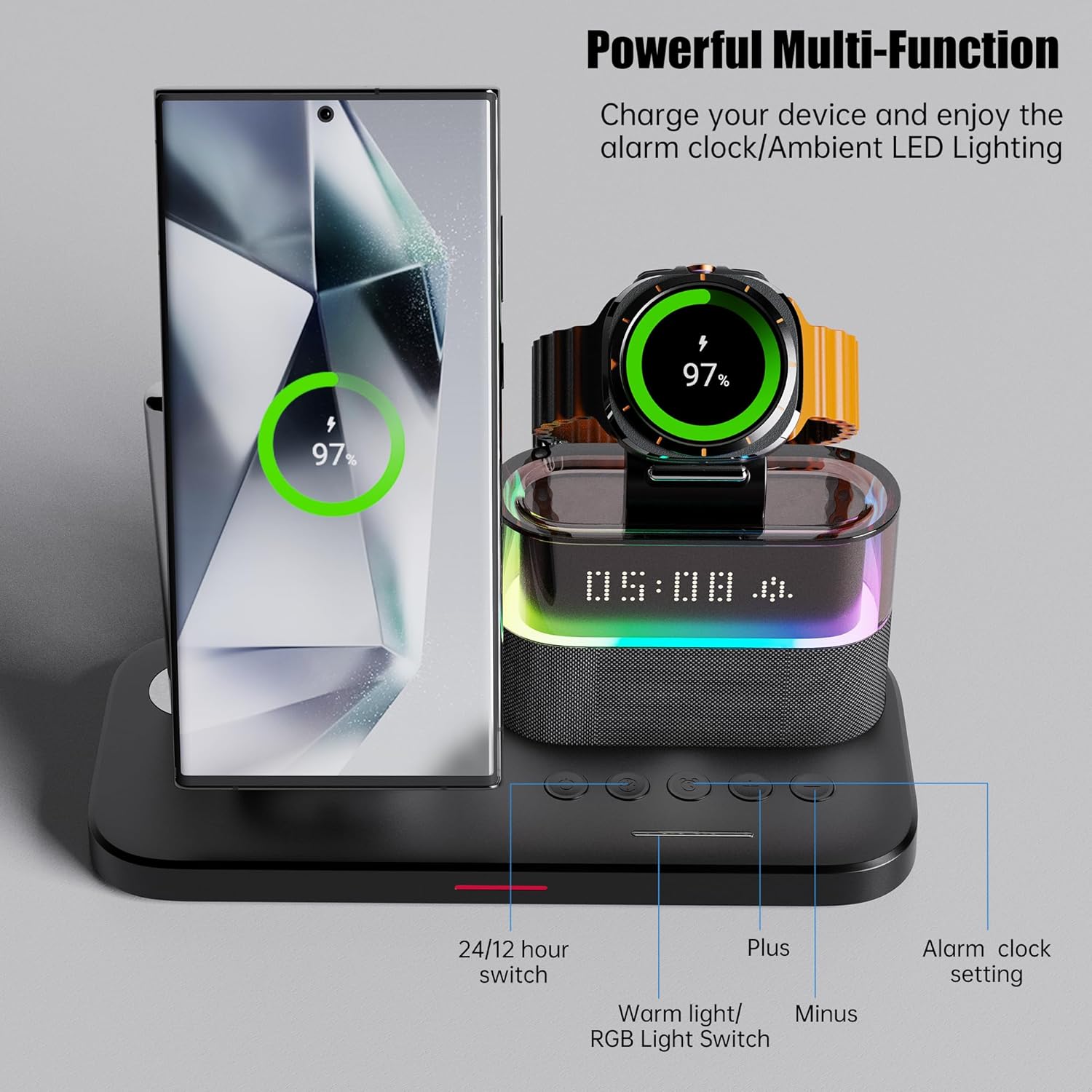 Magnetic Charger for Samsung, 5 in 1 Wireless Charging Station with Alarm Clock for Samsung Galaxy S25 Ultra/S24/S23/S22, Galaxy Watch 8/7/6/4/5, Galaxy Buds/Pro, Black - Image 4