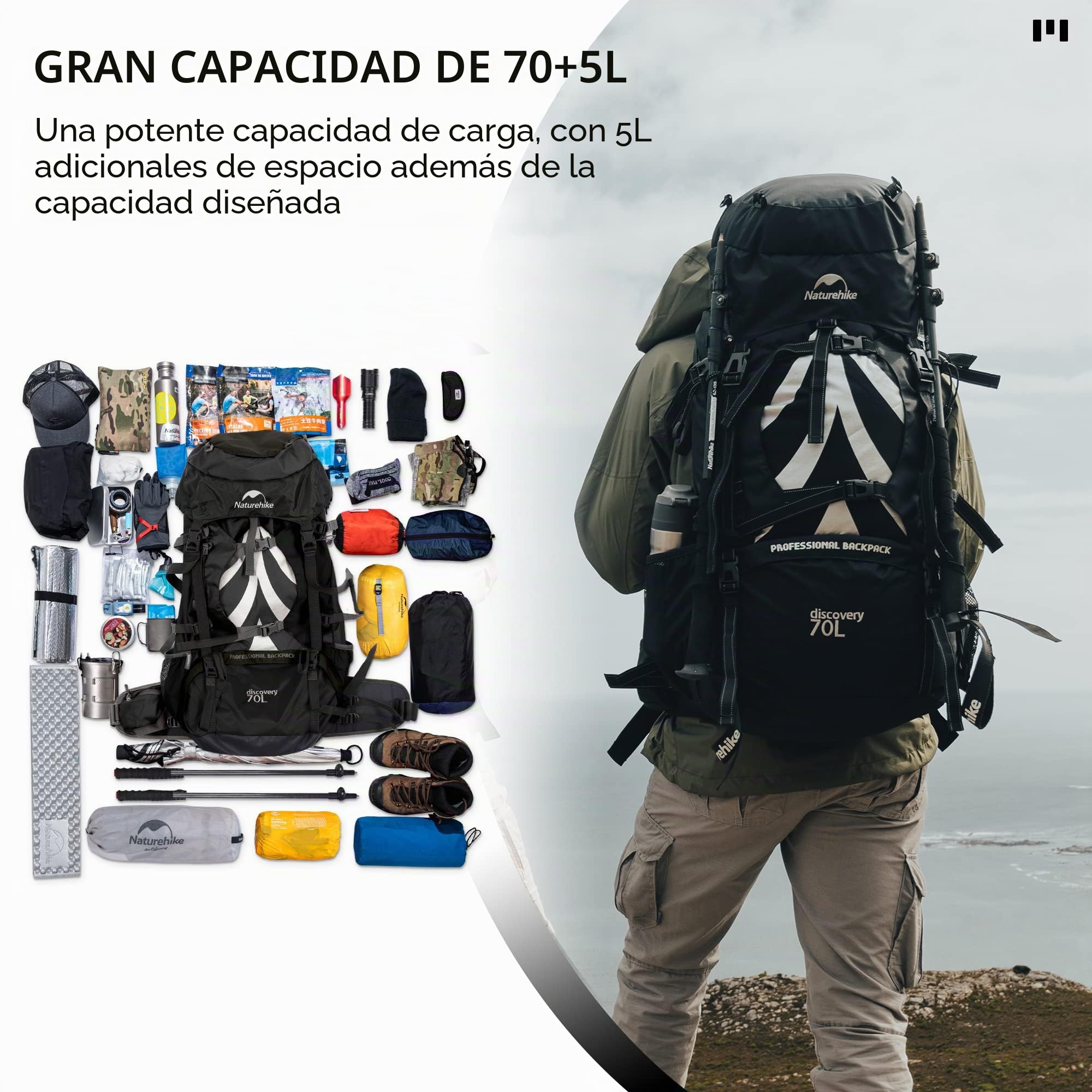 Naturehike Mochila de Senderismo 70L Hombres Mujeres Trekking Mochila Ultraligero Impermeable Mochila Grande Mochila de Viaje con Raincover para al Aire Libre, Montañismo,Camping (Negro)
