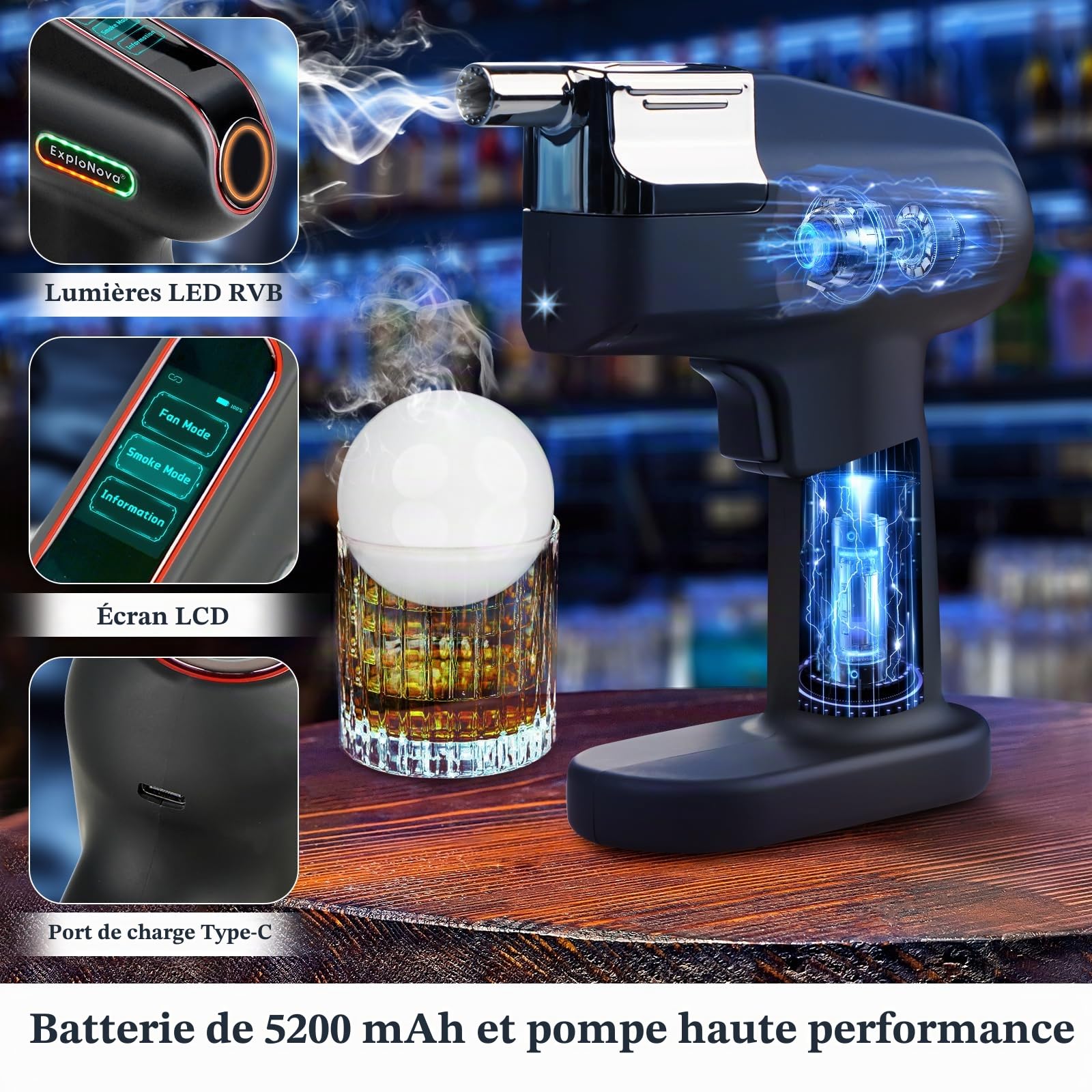 Kit de Fumoir pour Whisky à Bulles, 5 Capsules D'arômes et Bulles Comestibles, Machine à Fumée électrique Décoration de Boissons Alimentaires, Parfaite pour Bar, Fête