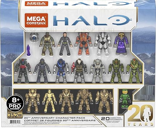 MEGA Halo - Juego de juguetes de construcción de figuras de acción, paquete de coleccionista de personajes del 20 aniversario con 352 piezas, 20