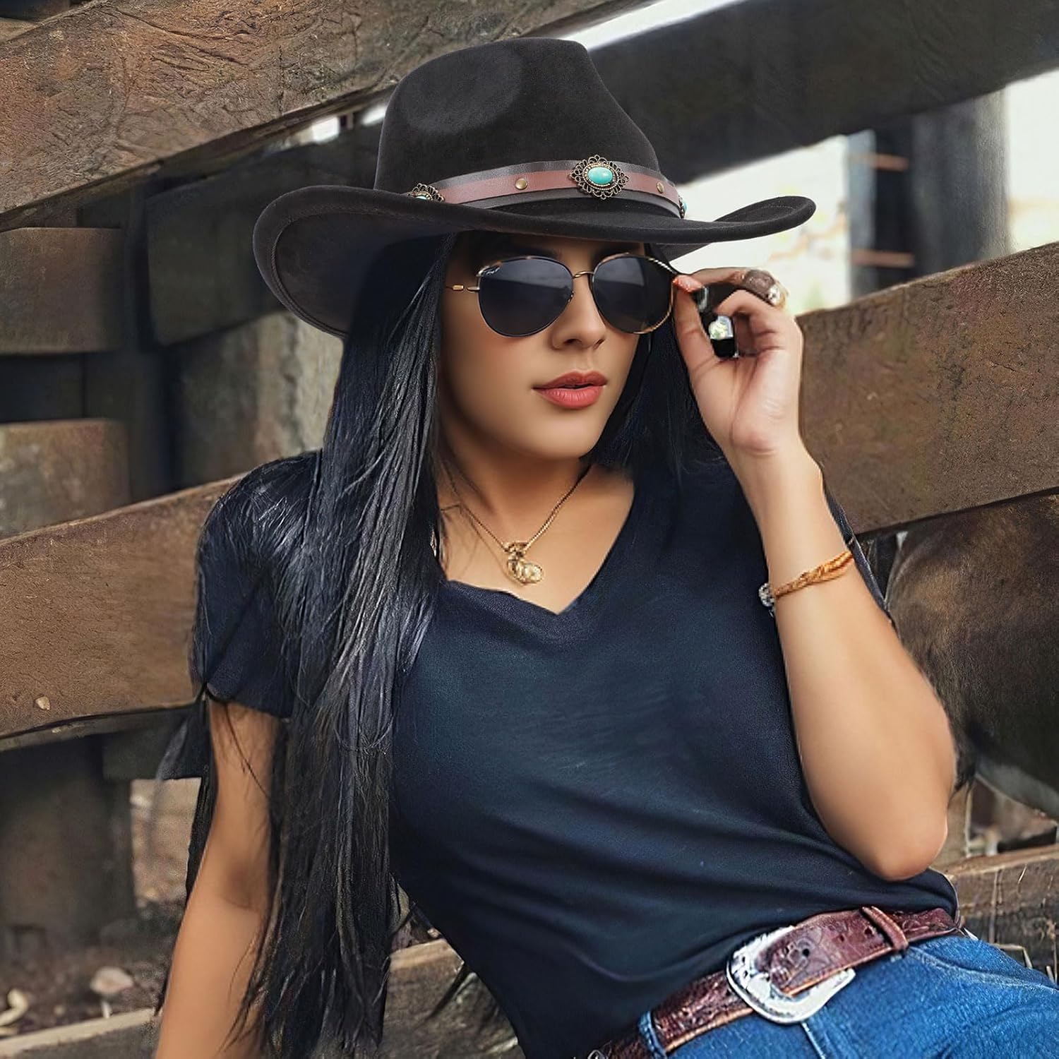 SANSTHS Cowboy Hats for Men Women Cowgirl Hat Wide Brim Felt Hats Western Leather Cowboy Hats for Lover - Image 2