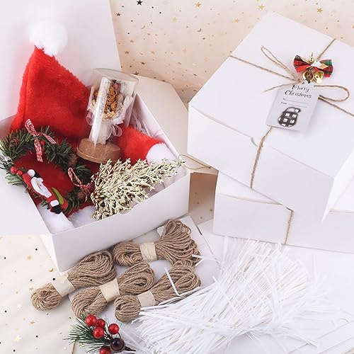 Miniatura 6 de JOYIN 16 cajas de regalo blancas de Navidad, 8 x 8 x 4 pulgadas, cajas de regalo fáciles de montar con cordeles de hierba y papel de rafia para el