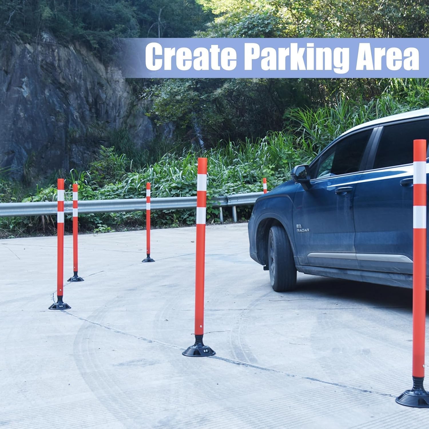 BESEA 8PCS 48" Traffic Delineator Posts with Detachable Base & High-Visibility Reflective Collars,Orange Durable Flexible Safety Cones for Work Zones, Parking Lots, and Roadways