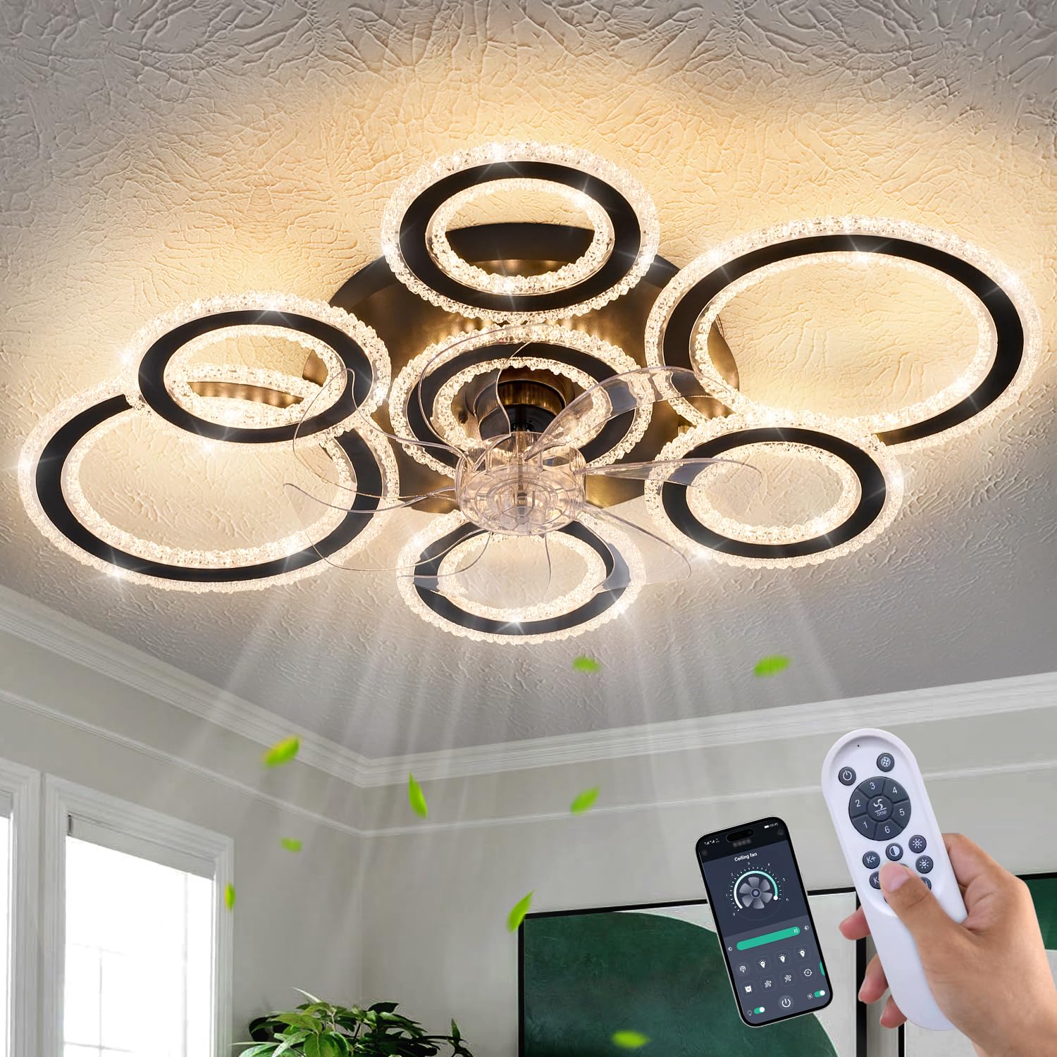 Yfrest Ceiling Fan with Light and Remote, Black Low Profile Ceiling Fans with Lights, Flush Mount Ceiling Fan with 3 Light Color 6 Speeds, Fandelier