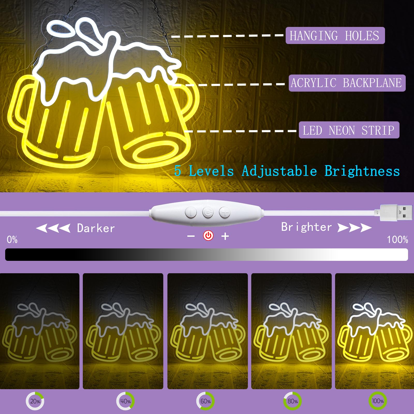 Birra Applausi Insegna al Neon Drink Segni al Neon USB Insegna al Neon per Birra Dimmerabile per Bar Pub Ristorante Negozio Decorazione Party Sign