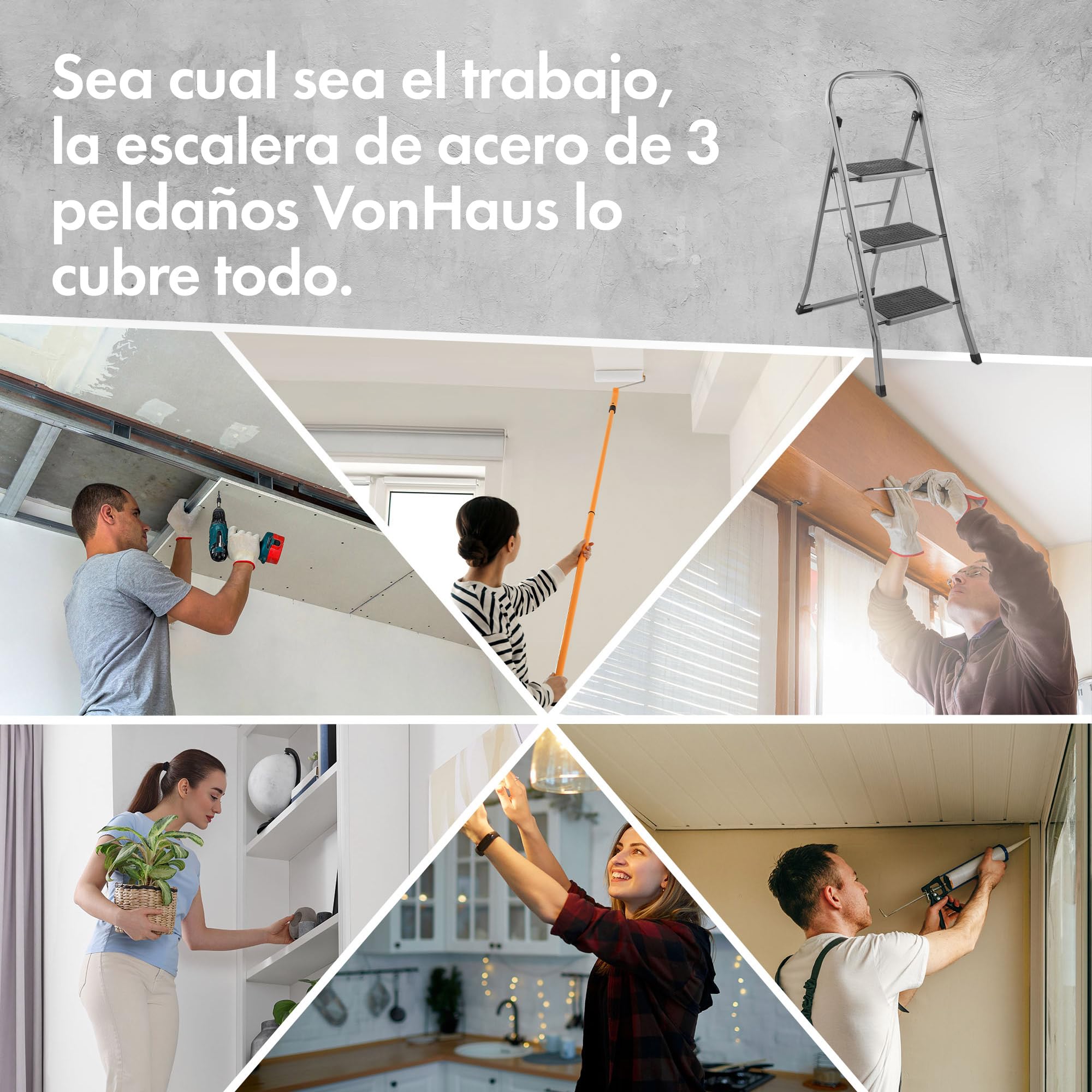 VonHaus Escalera Plegable de 3 Peldaños – Escalera de Tijera Antideslizante y Fácil de Guardar - Soporta hasta 150 Kg - Escalera Articulada Premium para Bricolaje y Jardinería – Acero Duradero