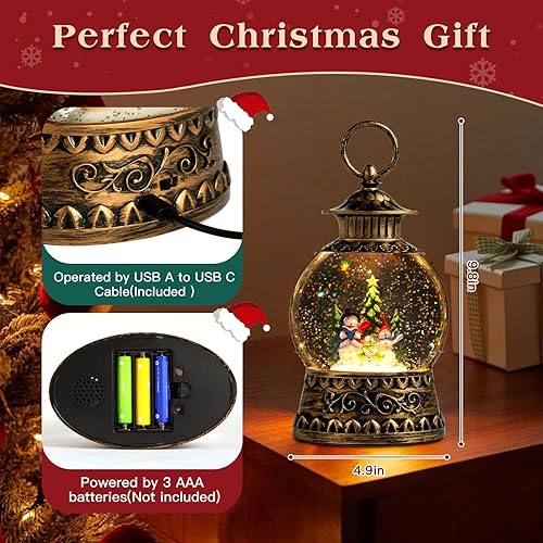 Miniatura 18 de Globo de nieve de muñeco de nieve de Navidad, linterna musical de muñeco de nieve con temporizador de 6 horas forrado por USB, funciona