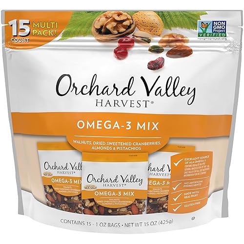 Orchard Valley Harvest - Mezcla Omega-3, bolsas de 1 onza (paquete de 15), nueces, arándanos, almendras y pistachos, sin gluten, sin OMG, sin