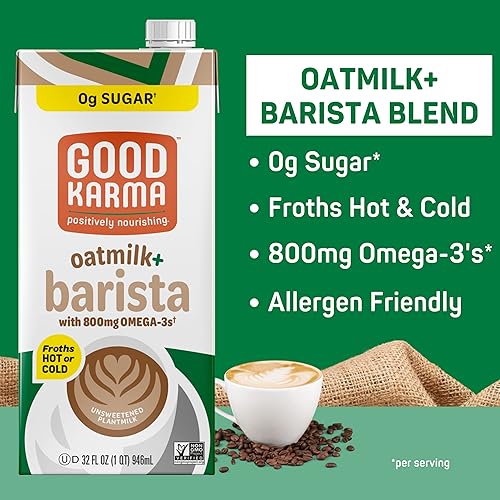 Miniatura 3 de Good Karma Mezcla Barista sin azúcar Leche de avena más proteína y omega-3, 32 onzas (paquete de 6), alternativa a la leche no láctea, a base de