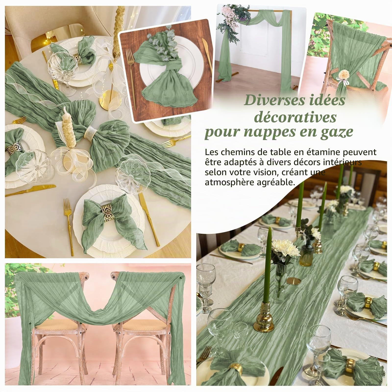 Lot de 10 Chemins de Table en Étamine, Chemin de Table Bohème en Gaze de 55 x 300 cm, Tissu Rustique en Gaze pour Mariages Festivals Remises de Diplôme Dîners Fêtes en Plein Air (Vert Sauge)