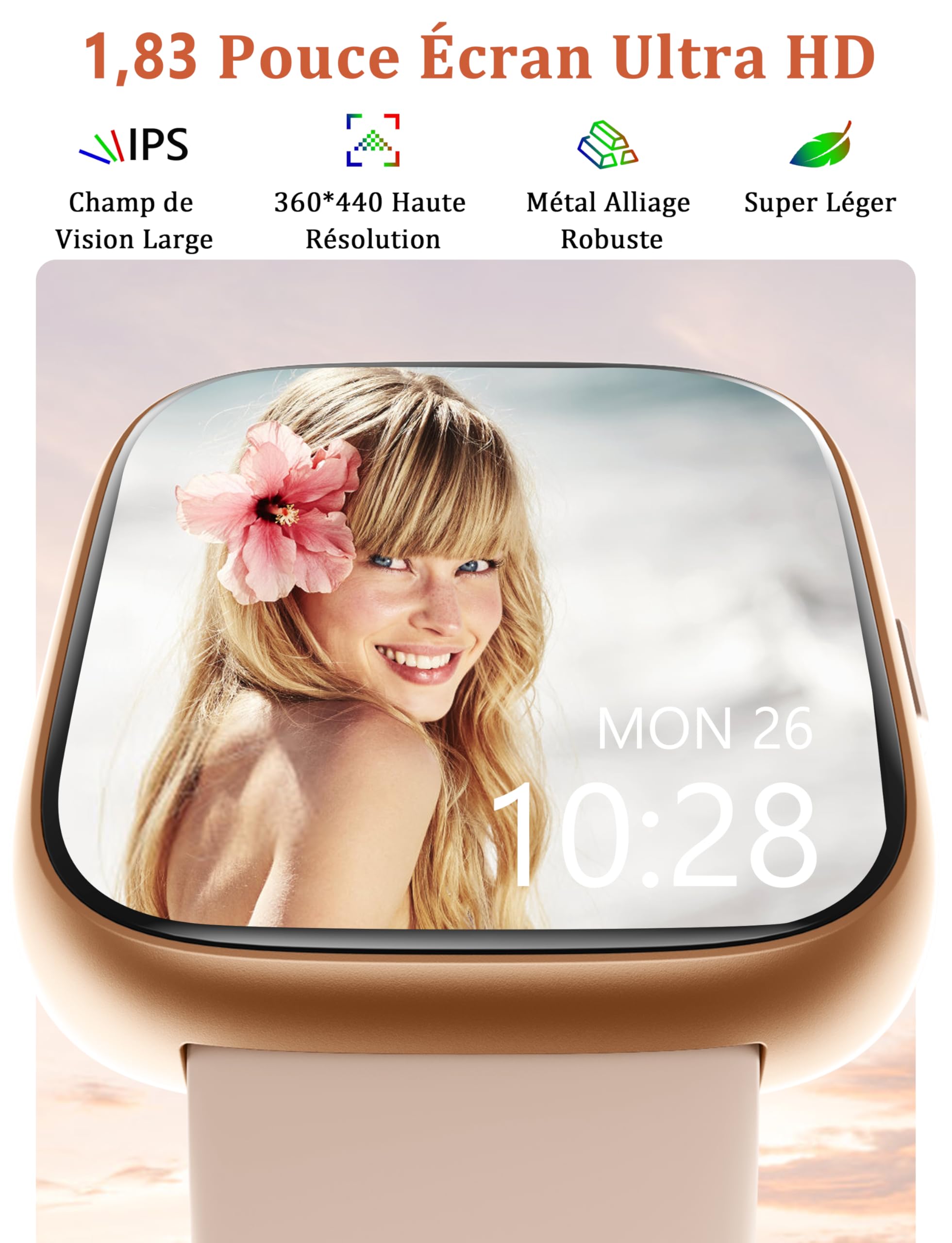 LODIMEKE Montre Connectée pour Samsung Apple Xiaomi, Appel Bluetooth, Montre Étanche Natation IP68, 1,83" Smartwatch Femme Homme, 100+ Sports, Fréquence Cardiaque, Pression, Sommeil, Fitness Tracker