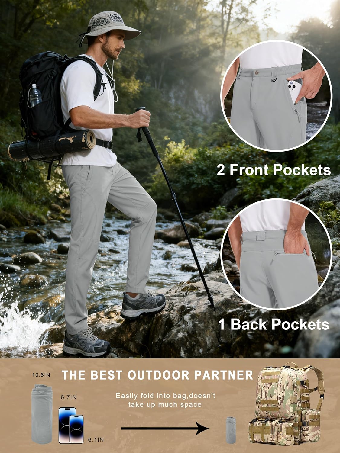 SEVEGO 30"/32"/34"/36"/38" Inseam Men's Tall Hiking Pants Quick Dry Outdoor Waterproof Golf Cargo Pants with 3 Pockets - Image 6