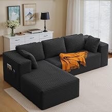 Xbro Corner Sofa L-Shape Modular No Assembly Cord Couch 3-Seater Flexible Combination with Cushions & Side Pockets for Living Room and Bedroom 250 x 136 x 40 cm Black