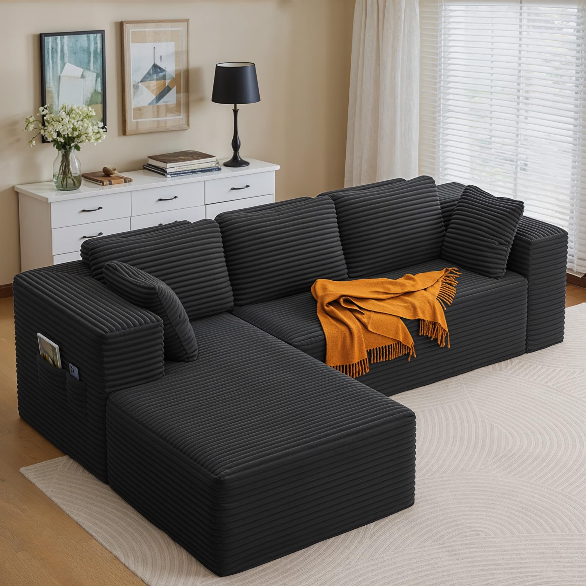Xbro Divano Angolare a L 3 Posti Componibile, Divano con Chaise Longue Sinistra in Velluto a Coste, con Tasche Laterali e Cuscini, per Soggiorno Appartamento, 250x160x62 cm, Grigio Scuro