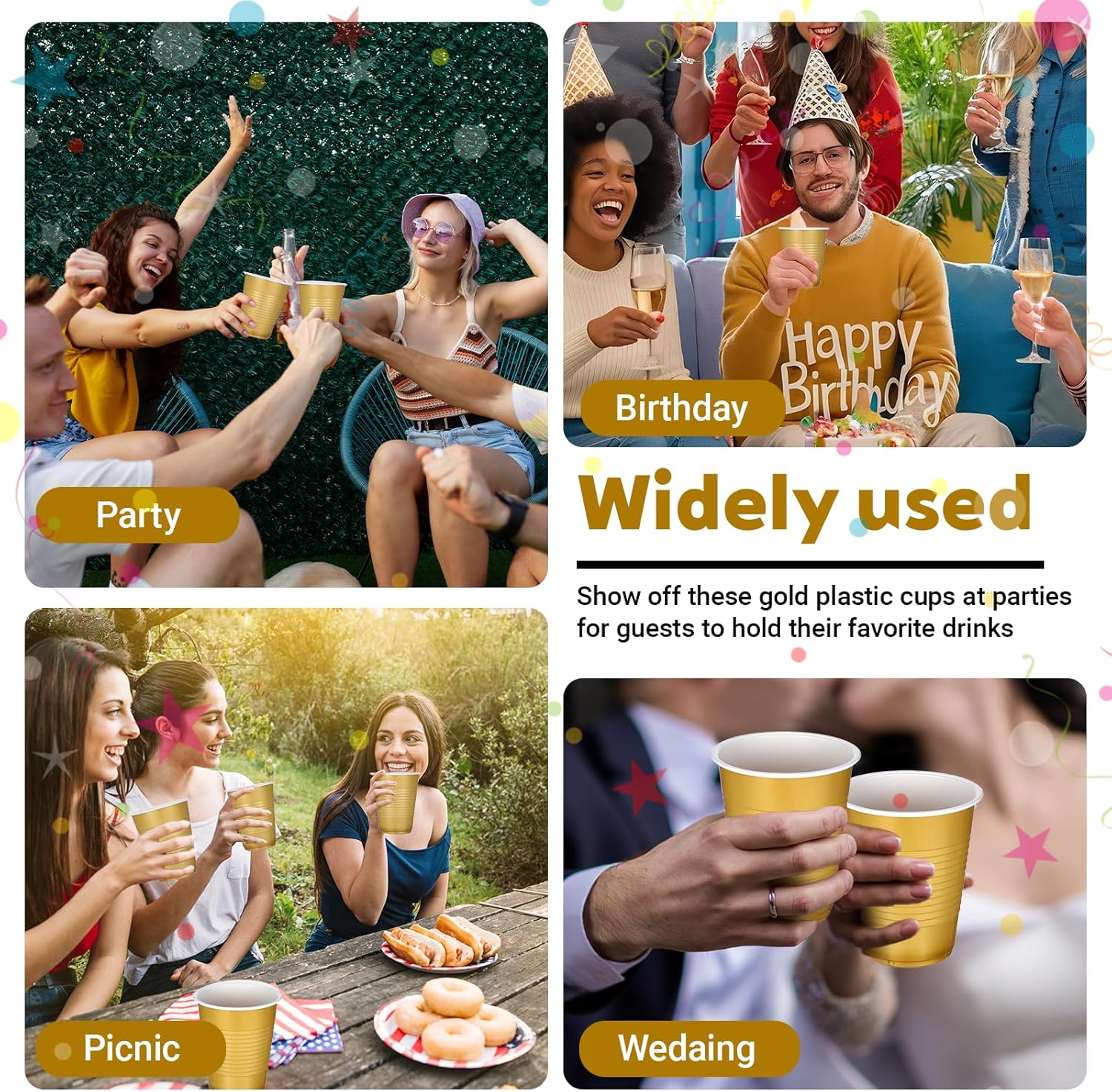 SHENLIU 100 Pack 18oz Gold Plastic Cups, Graduation Cups Disposable Drinking Cup Bulk for Wedding Birthday Beer Taste Serving Snack Sample Tastings Barbecues Picnic Celebrations - Image 6