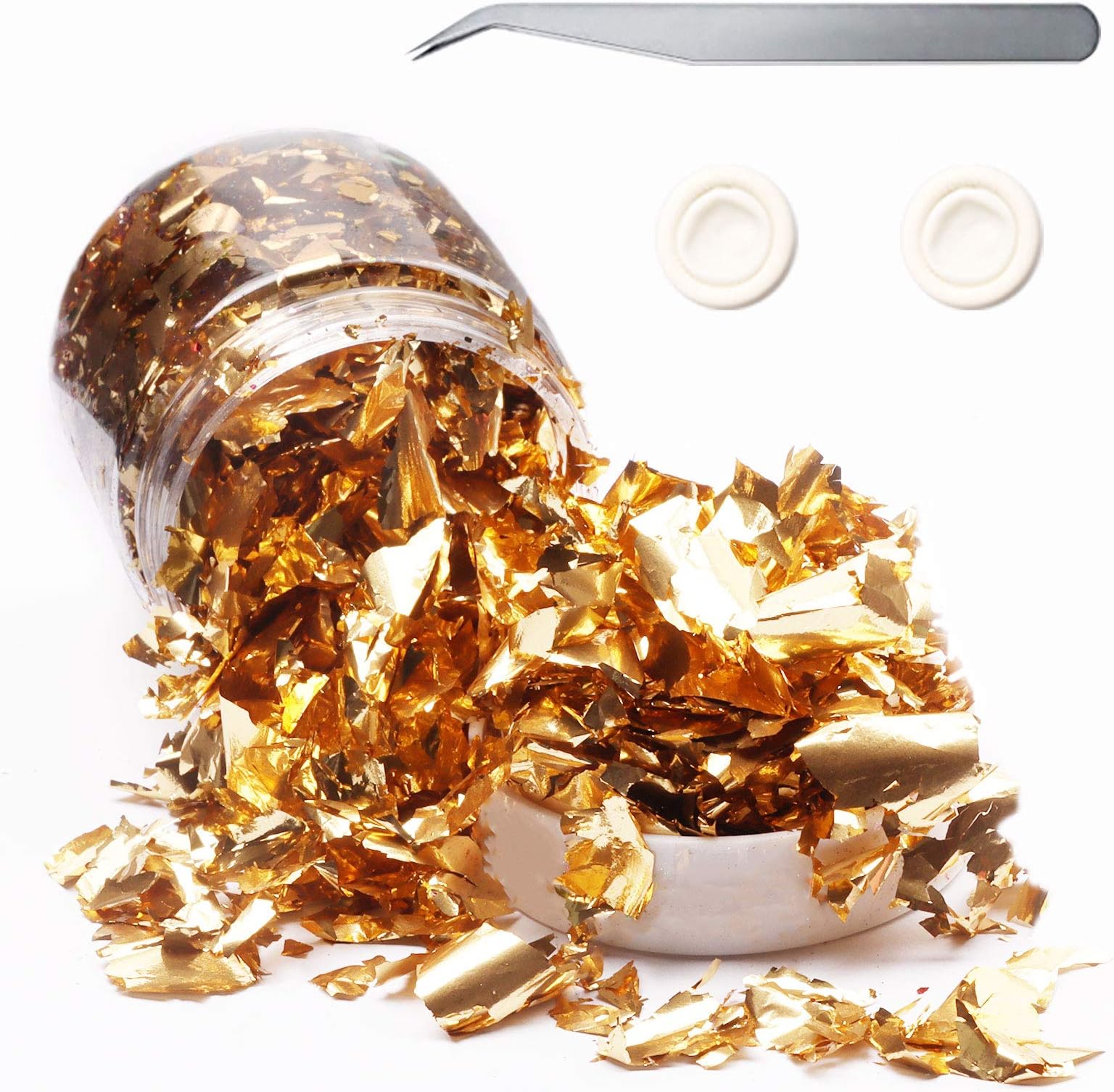 Gilding Foil Flakes for Resin,YUGDRUZY 18g Metallic Foil Leaf Schabin Flakes with 2 Finger Cots and Tweezers,Imitation Metal Gilding Flakes for Painting,Nails Arts,Slime,Home Decor