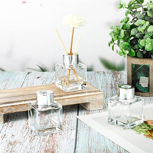 Miniatura 3 de Juego de 30 botellas difusoras cuadradas de vidrio con tapas plateadas, juego de botellas difusoras recargables de 1.7 onzas, tarro difusor de