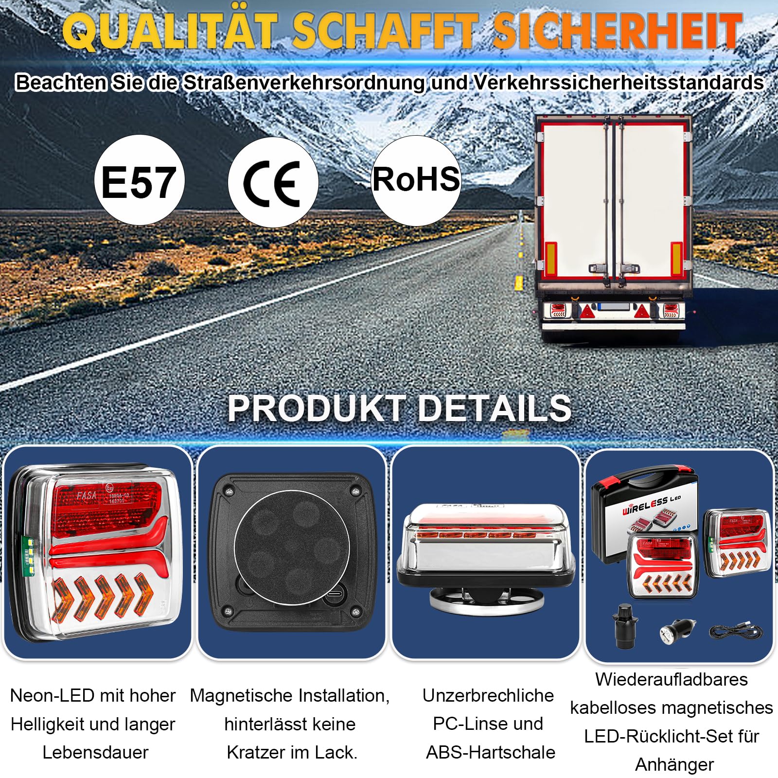 Warmfay Magnetische Kabellose LED Rückleuchten 12/24 V, Wiederaufladbare Anhänger Beleuchtung Set, ECE-EMV-Geprüft, Wasserdicht Funk Rücklichter für LKW Anhänger Traktor PKW