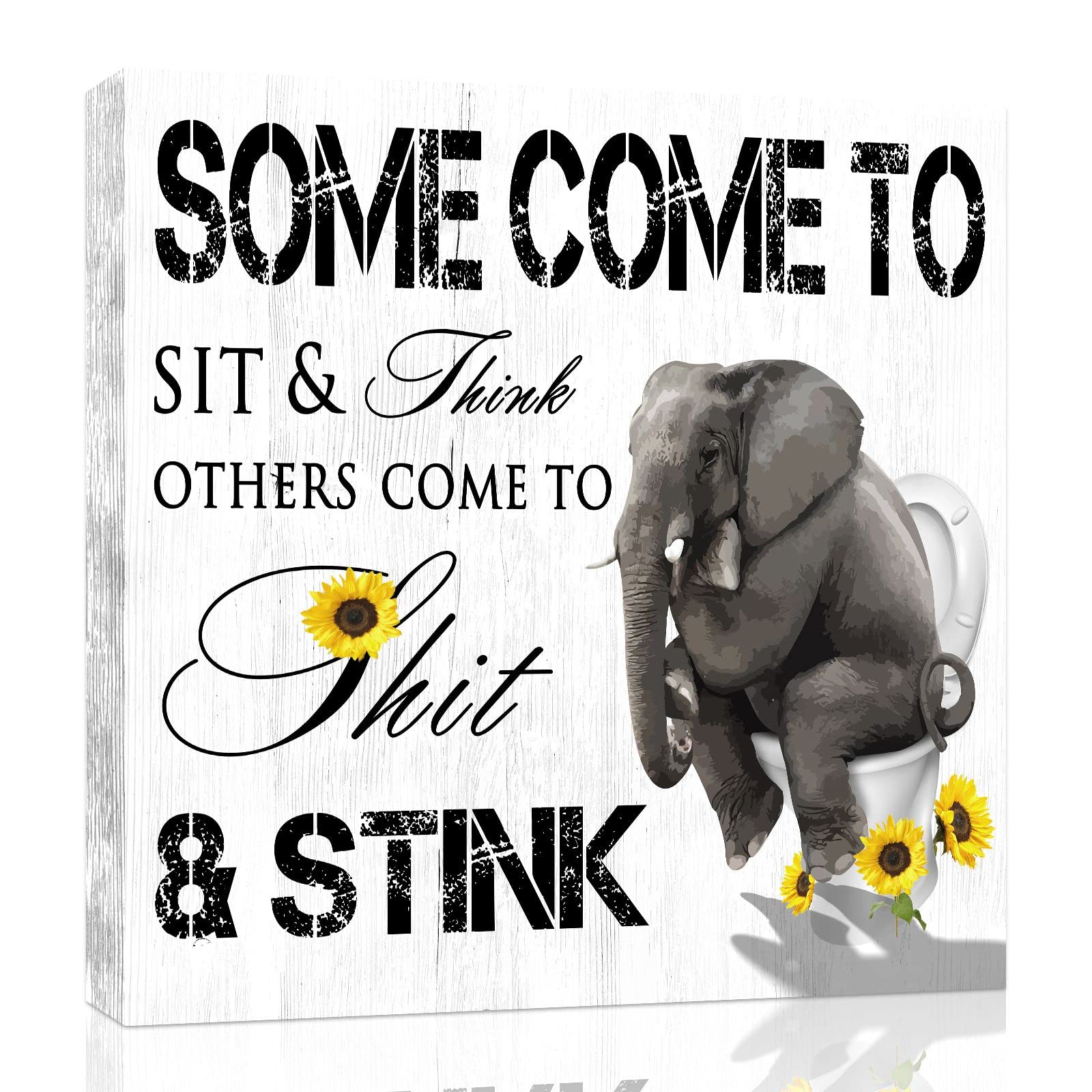 Funny Bathroom Canvas Wall Art: Black White Elephant with Sunflower Picture Print Toilet Decoration - Humor Animal Framed Poster Modern Restroom Decor for Home Ready to Hang 12" x 12"