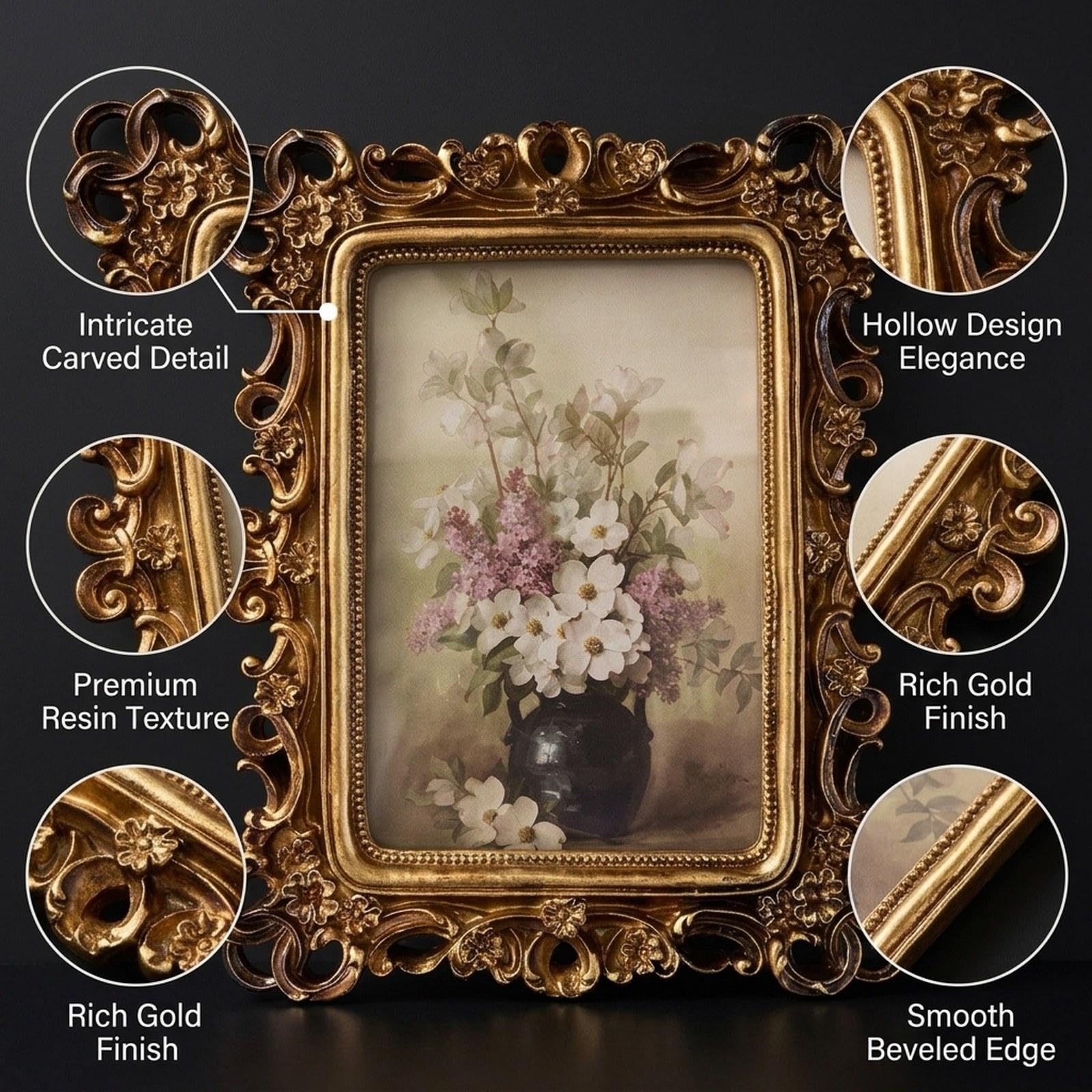 Cornice portafoto da 6 pollici, decorata con resina dorata, ideale da appoggio su tavolo per camera da letto, corridoio, sala da pranzo o ufficio.