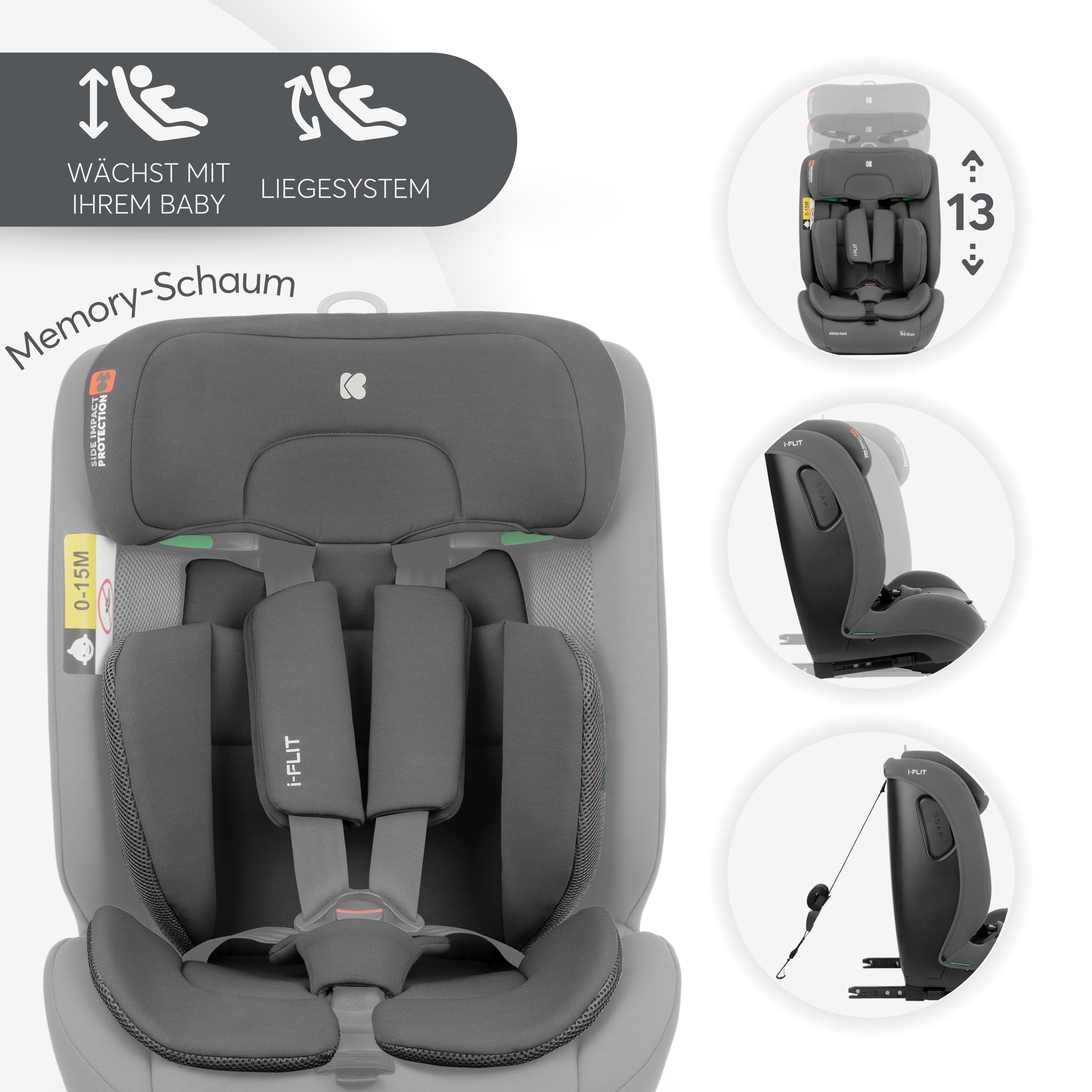 KikkaBoo i-Size i-­FLIT, Kindersitz 9-36 kg ISOFIX, Autokindersitz 76-150 cm, Gruppe 1/2/3, 15 Monate bis 12 Jahre, SPS Seitenschutz, Top Tether, Verstellbare Kopfstütze, Hellgrau
