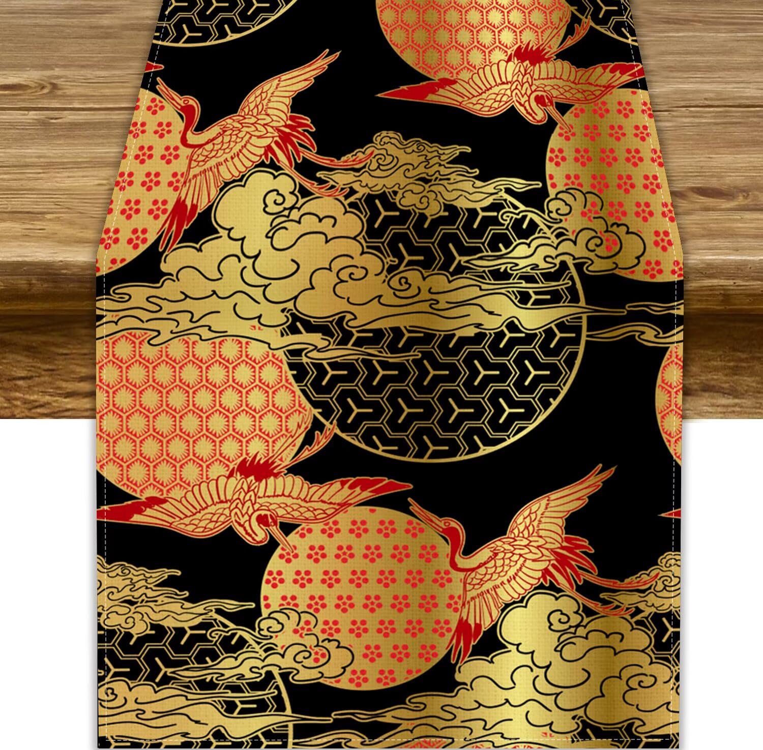 Japanese Table Runner, Traditional Black Gold Crane Birds Clouds Japanese Chinese Pattern Print Table Runner for Home Kitchen Dining Table Holiday Party Wedding Decor 13x120in