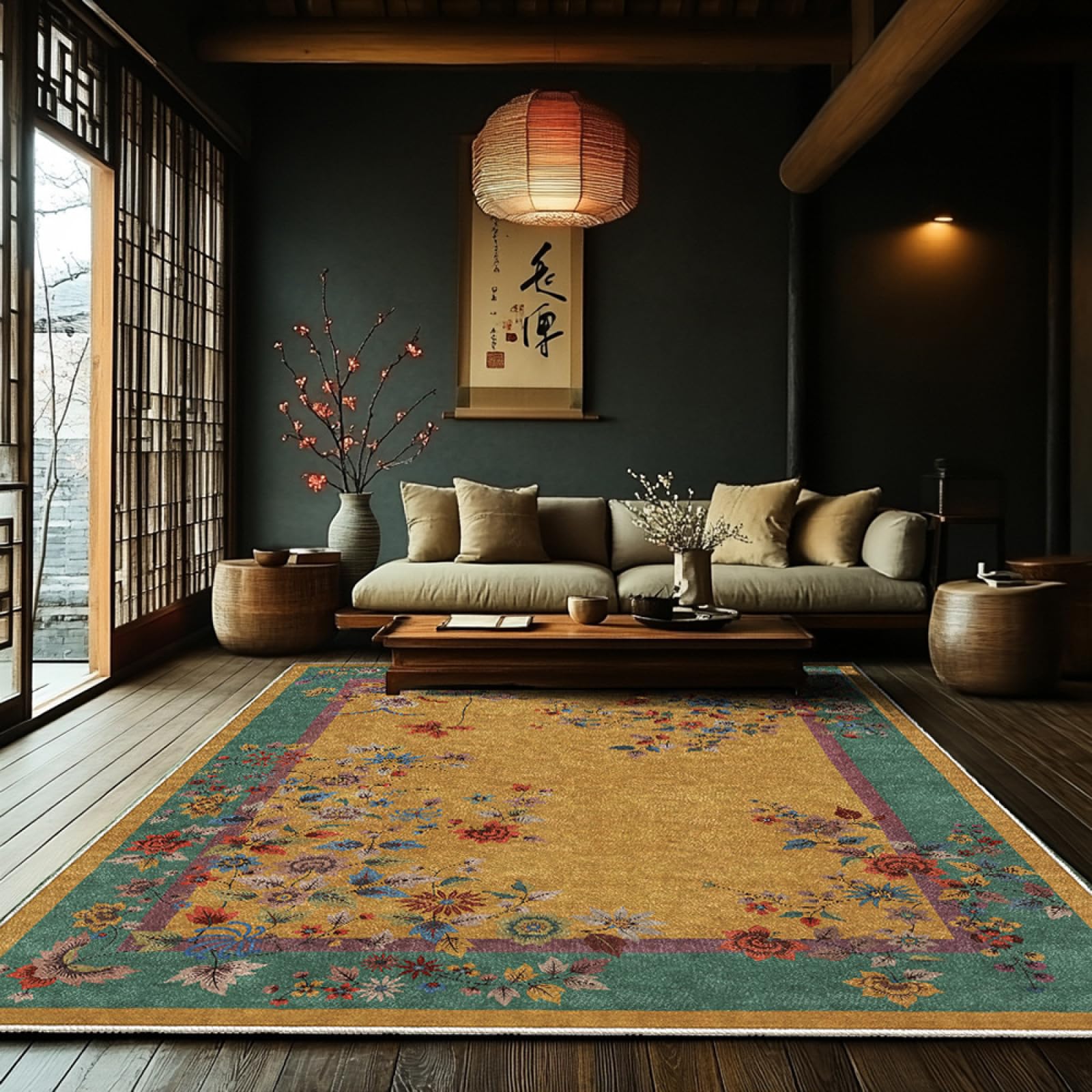 Tapis rétro ethnique floral jaune pour salle a manger et cuisine