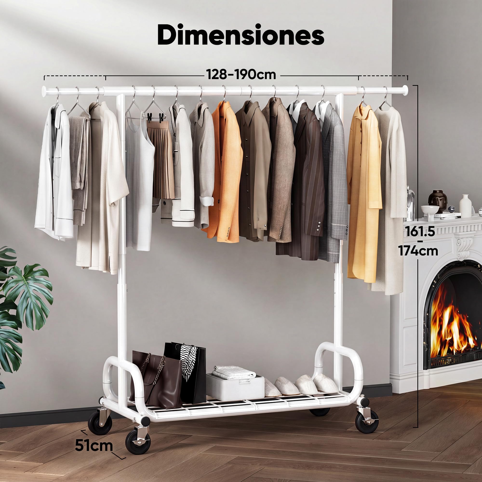 HOKEEPER Burro de Ropa Móvil con Altura Ajustable y Barra Extensible | Resistente 204kg, Ruedas Bloqueables, Ahorra Espacio para Dormitorio, Apartamento Pequeño, Lavandería, Blanco