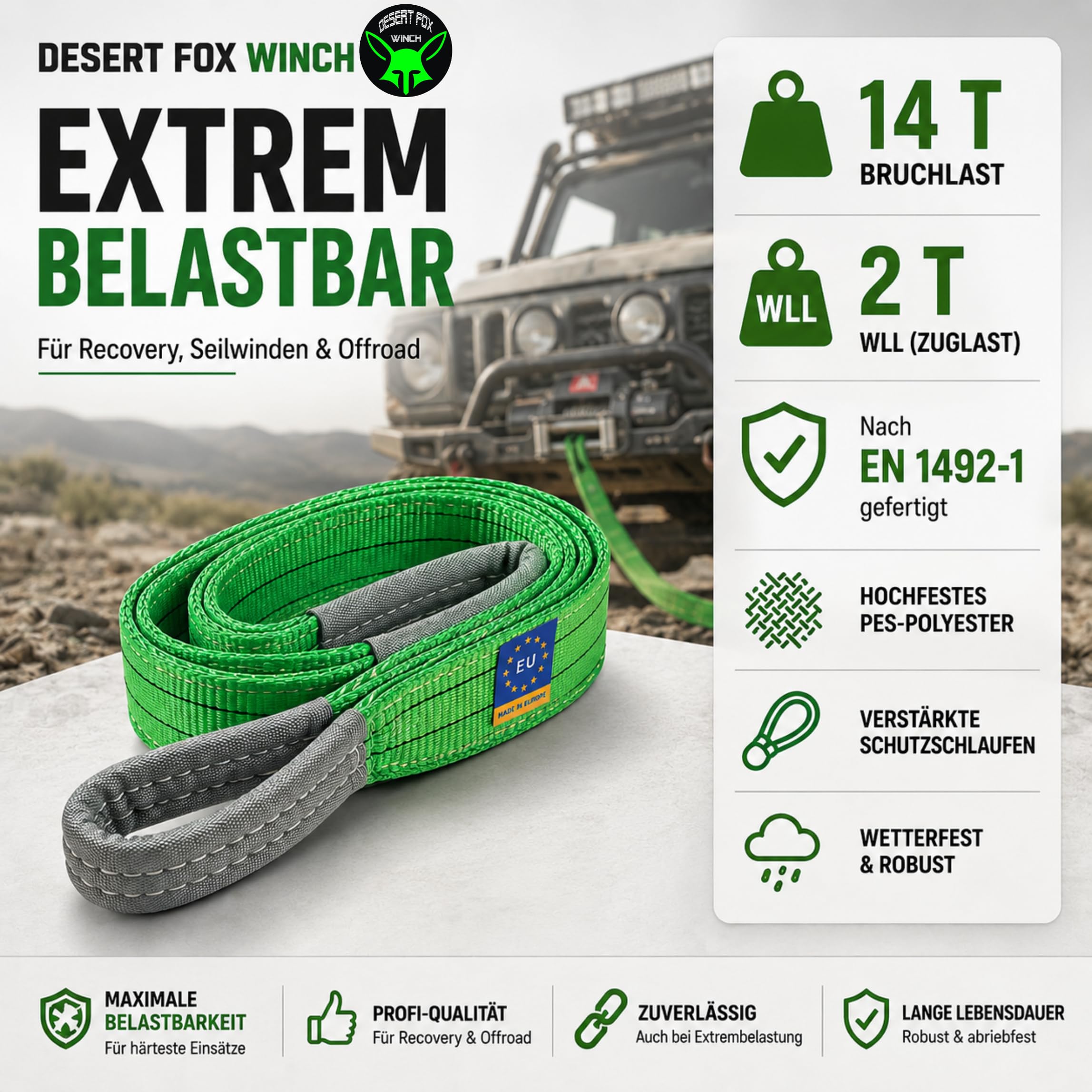 Bergegurt – Robuster 10m Baumgurt & Abschlepp-Seil, 14t Bruchlast – Ideal für Offroad, Recovery, Jagd, Forst und Baugewerbe nach EN 1492-1