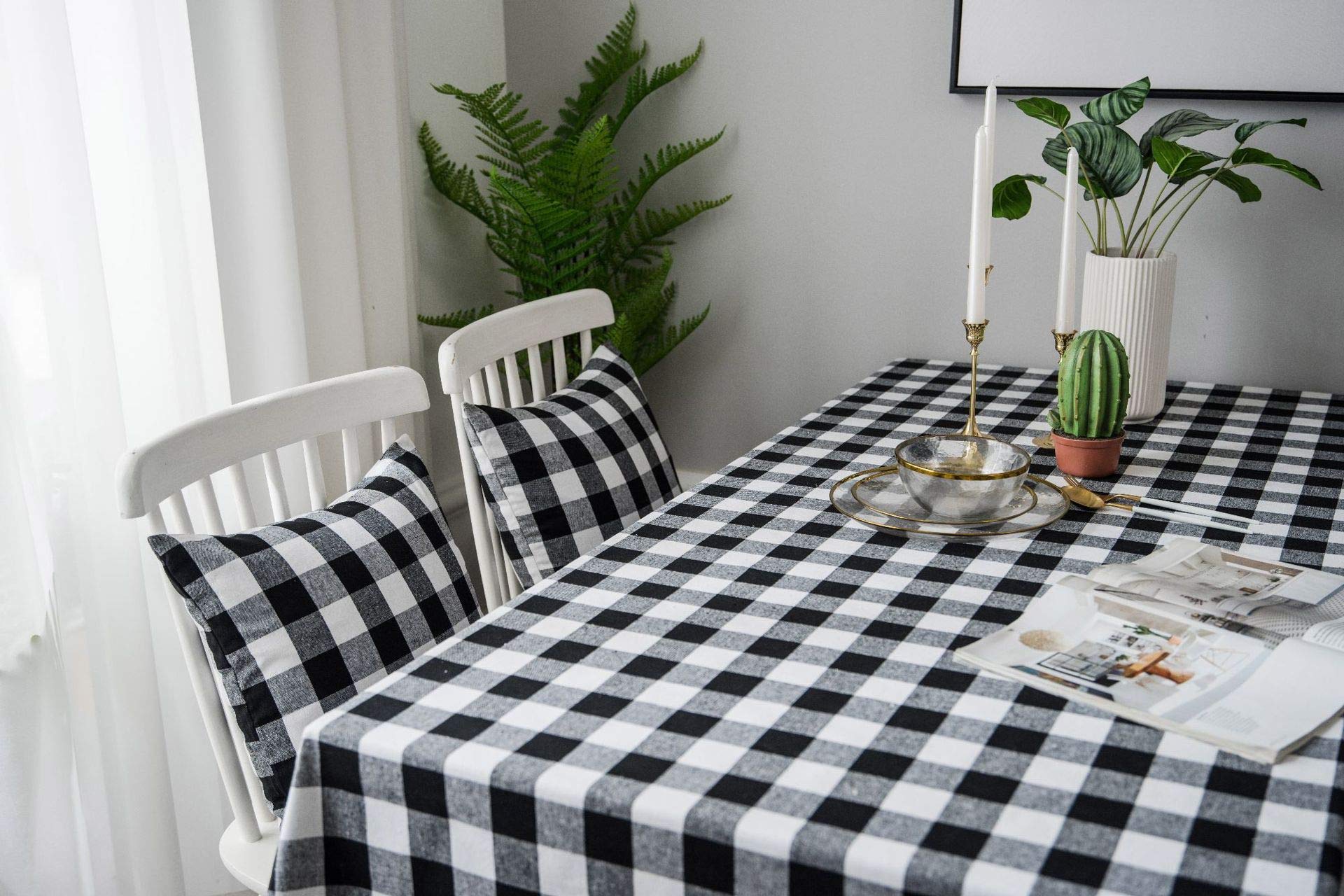 Mantel a cuadros de 55 x 98 pulgadas, tela de lino de algodón a cuadros negro y blanco, perfecto para decoración de mesa de comedor y cocina, elegante mantel para eventos en el hogar