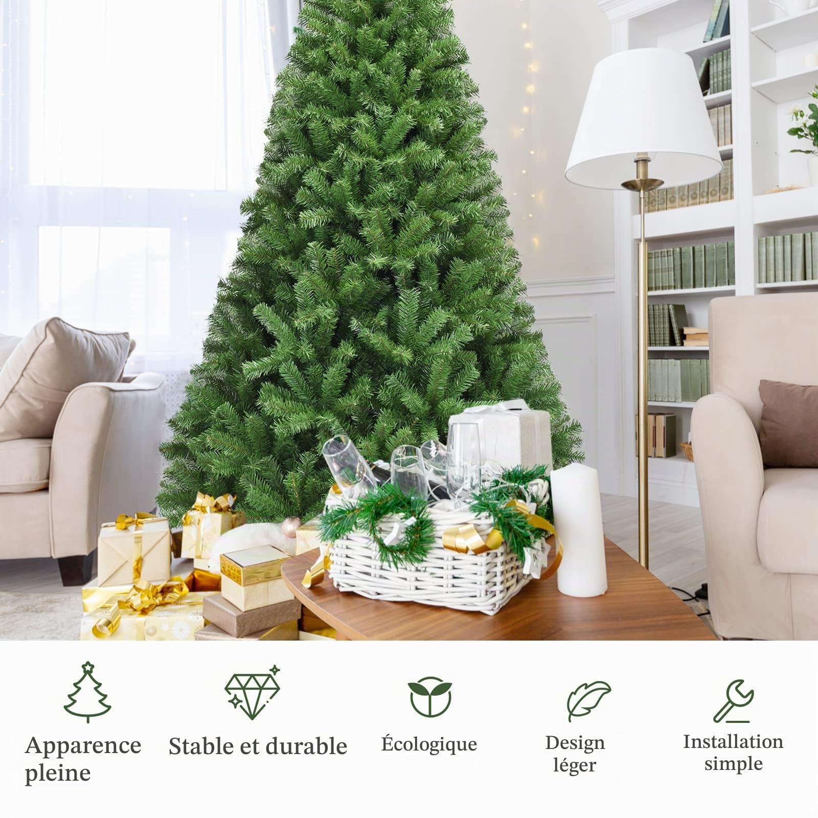 LIFEZEAL Sapin de Noël Artificiel 225 CM, Arbre de Noël Automatique avec 1346 Branches en PVC, Pieds Stables en Fer, Décorations de Noël pour Masion, Bureau, Magasin, Vert