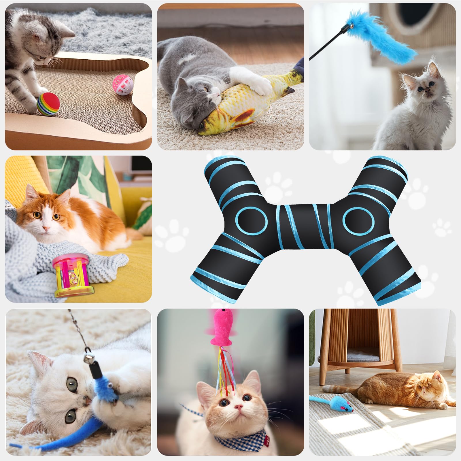 Set de 39 Piezas para Gatos con Túnel, Palo Divertido, Ratones, Hierba Gatera, Bolas, Campanas, Tumbler y Peces