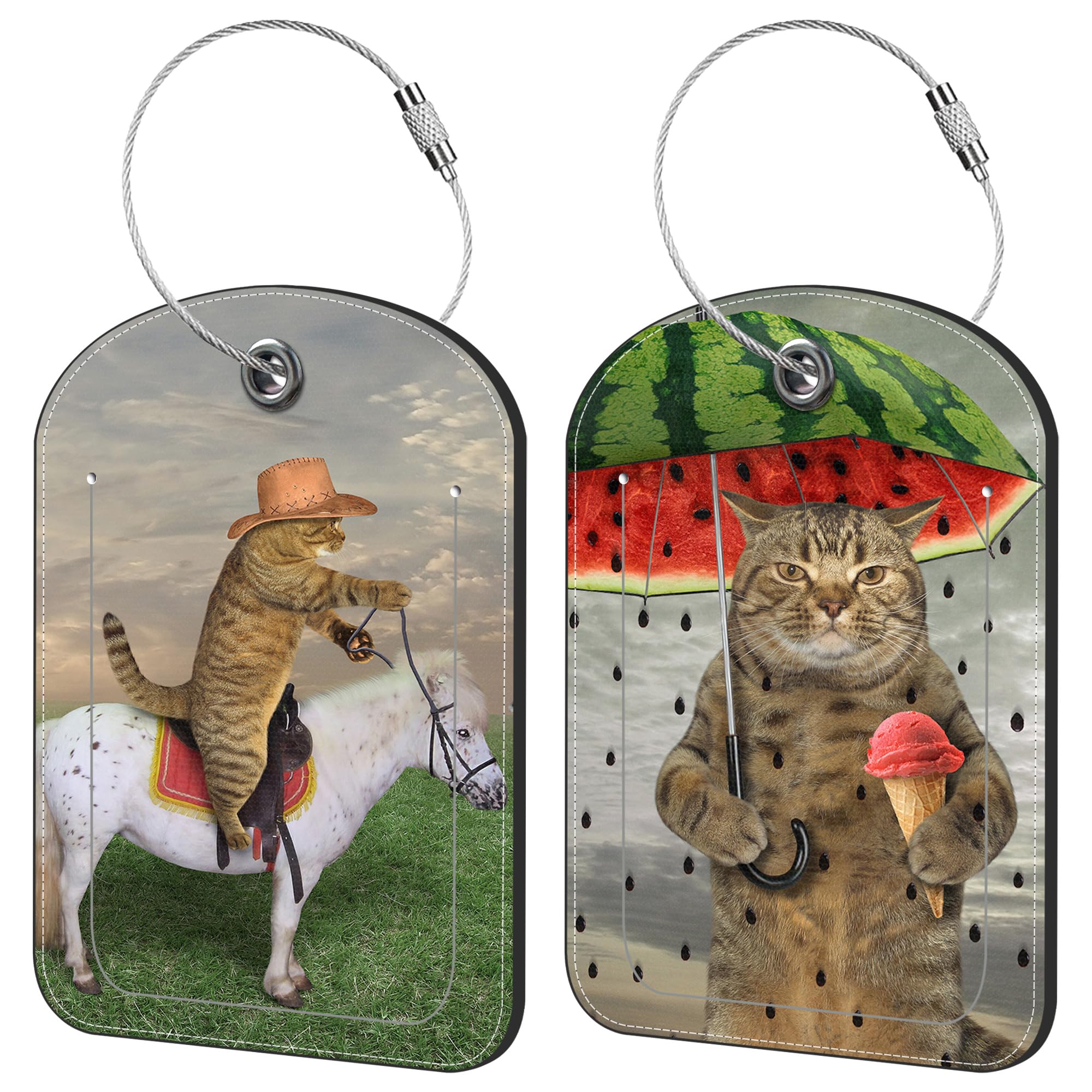 iapodiad Cute Cat Luggage Tag for Suitcase Set of 2 PU Leather Cute Luggage Tags with Stainless Metal Loop ID Label Privacy Flap Suitcase Tags for