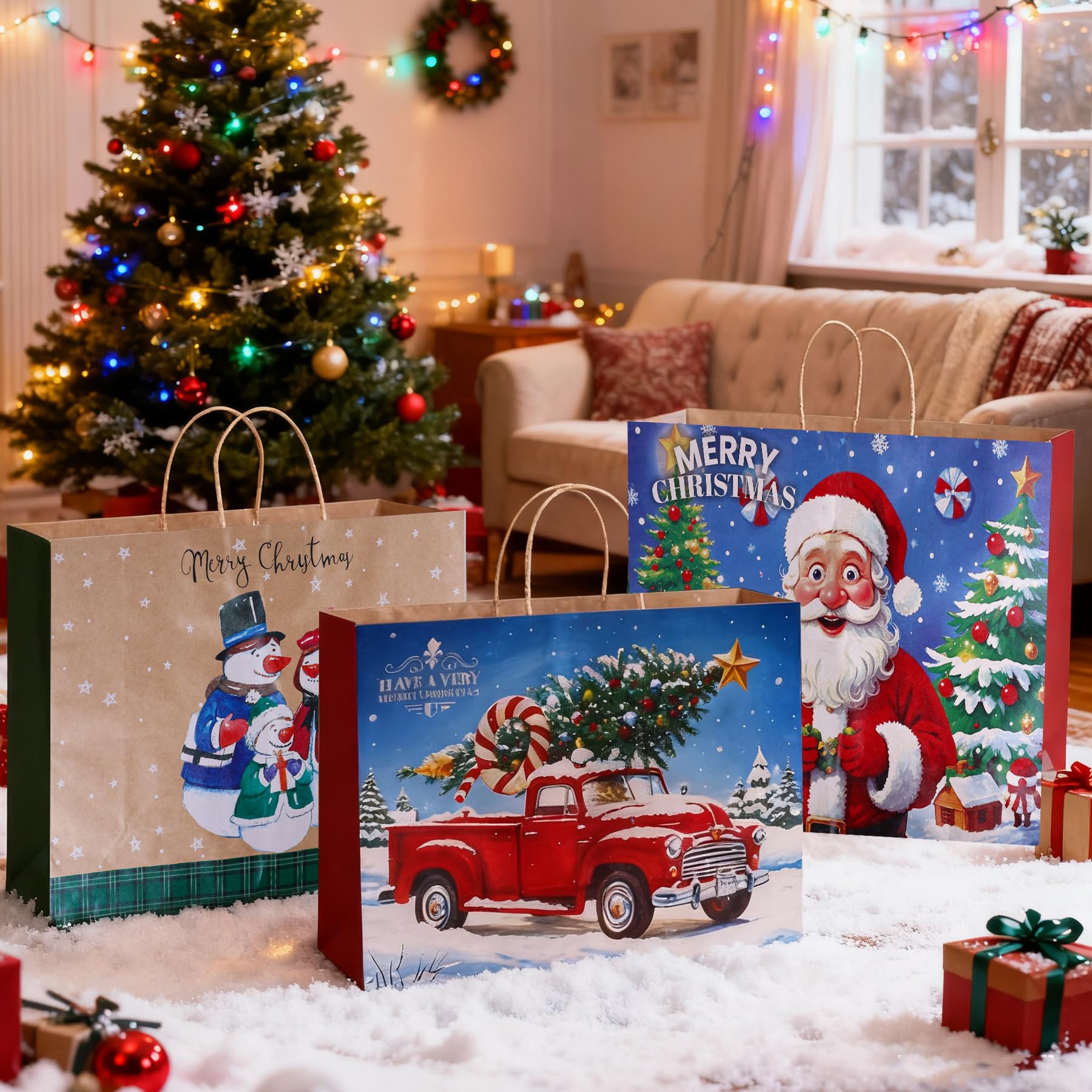Bszatan Lot de 12 sacs fourre-tout extra larges en papier kraft avec poignée pour cadeaux de Noël, vacances, Nouvel An, 50,8 x 38,1 x 17,8 cm