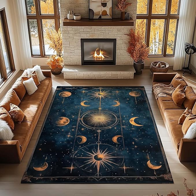 Moon & Stars & Sun Area Rug, Celestial Area Rug, Night Sky Rugs, Solar System Rugs, Blue and Gold Carpet, Washable Boho Sun Carpet for Living Room, Bedroom (5' x 8' (Rectangular))