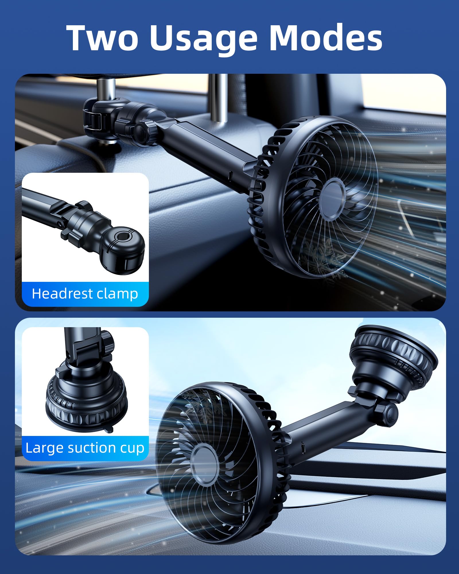 5000mAh Battery Powered Fan for Car Windshield Sunroof Dashboard Headrest - Portable Car Cooling Fan with 2 Detachable Bases for SUV Van RV Pickup Truck Camping Desk Kitchen Home - 2