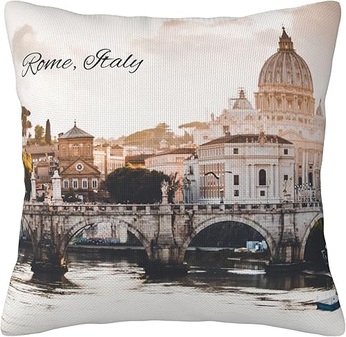 Rome Italy - Funda de almohada decorativa moderna de 18 x 18 pulgadas, diseño de paisaje con cúpula marrón, edificios de hormigón cerca del puente,