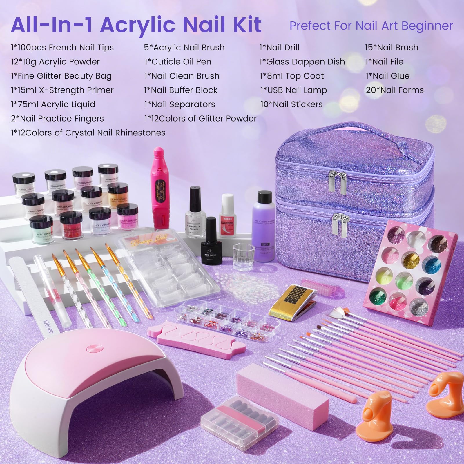 Yokilly Kit per unghie acriliche con tutto: set di polveri acriliche liquide per unghie in 12 colori, con pratica lampada per trapano a dito, set per principianti in sacchetto regalo glitterato, per