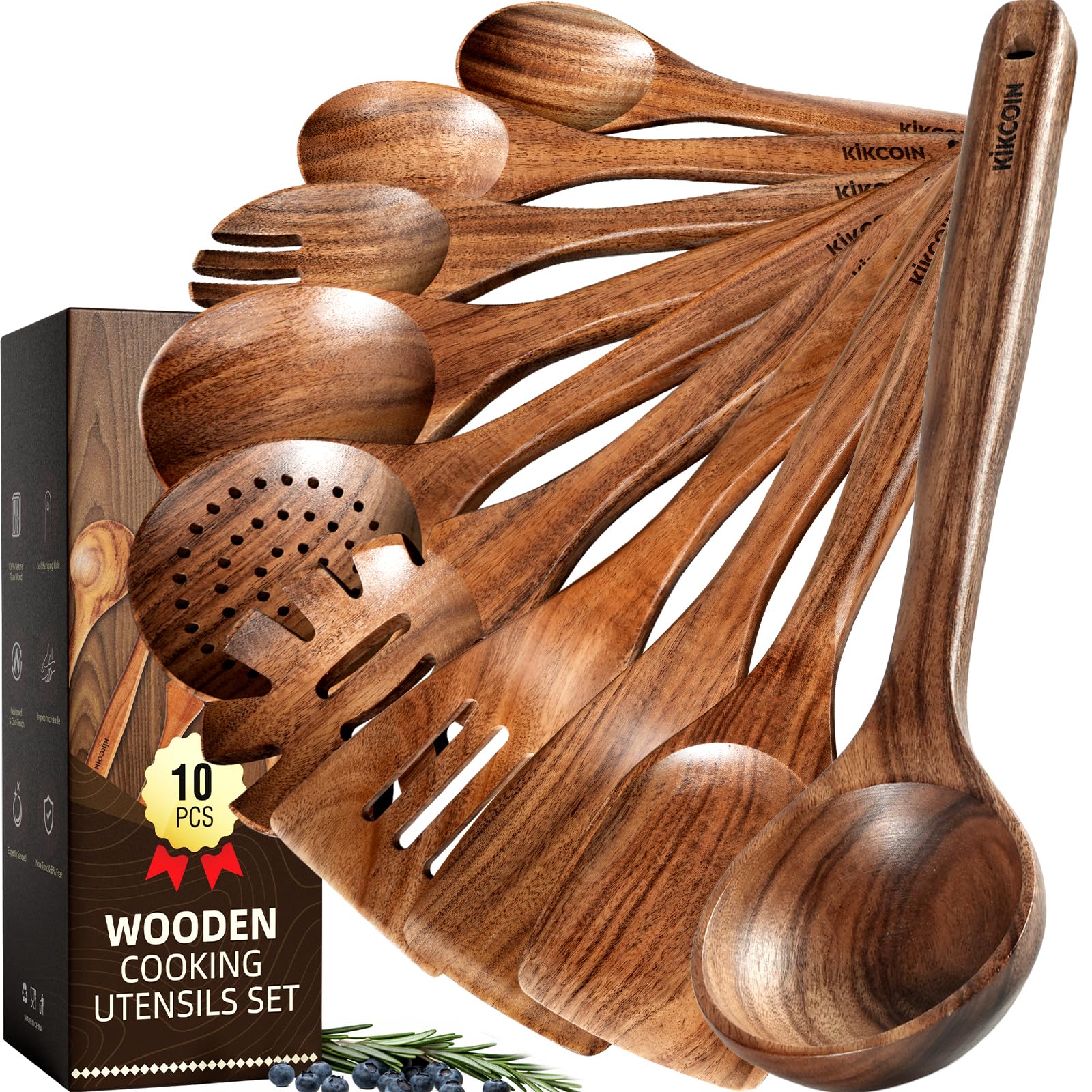 Kikcoin 10 PCS Durable Natural Teak Wooden Cooking Utensil Set
