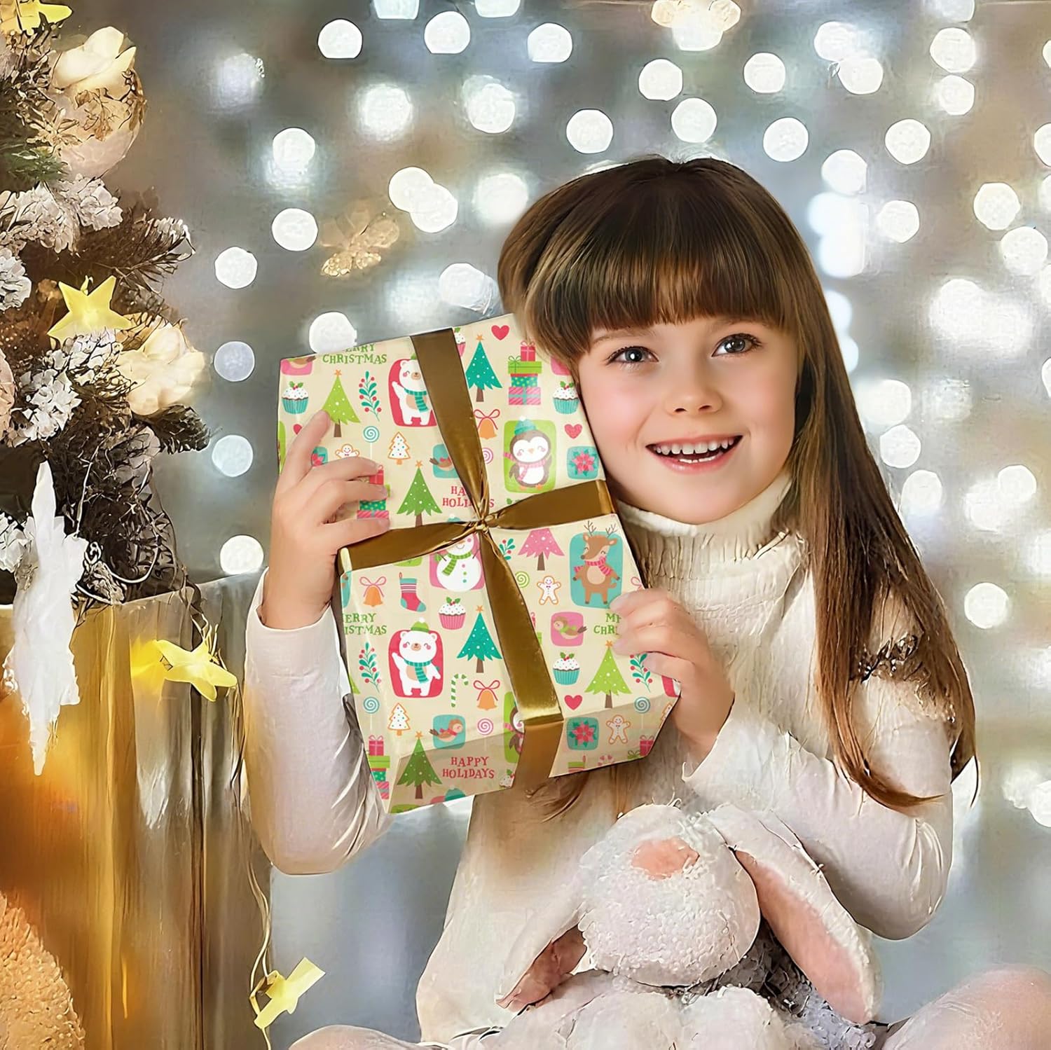 PlandRichW Vintage Christmas Wrapping Paper - 6 Jumbo Xmas Sheets 28"x40" with Colorful Trees, Snowmen, Bears & “HO HO HO” Patterns - Holiday Gift Wrap for All Ages, Easy - Storage Flat Sheets Christmas - Pink HO HO