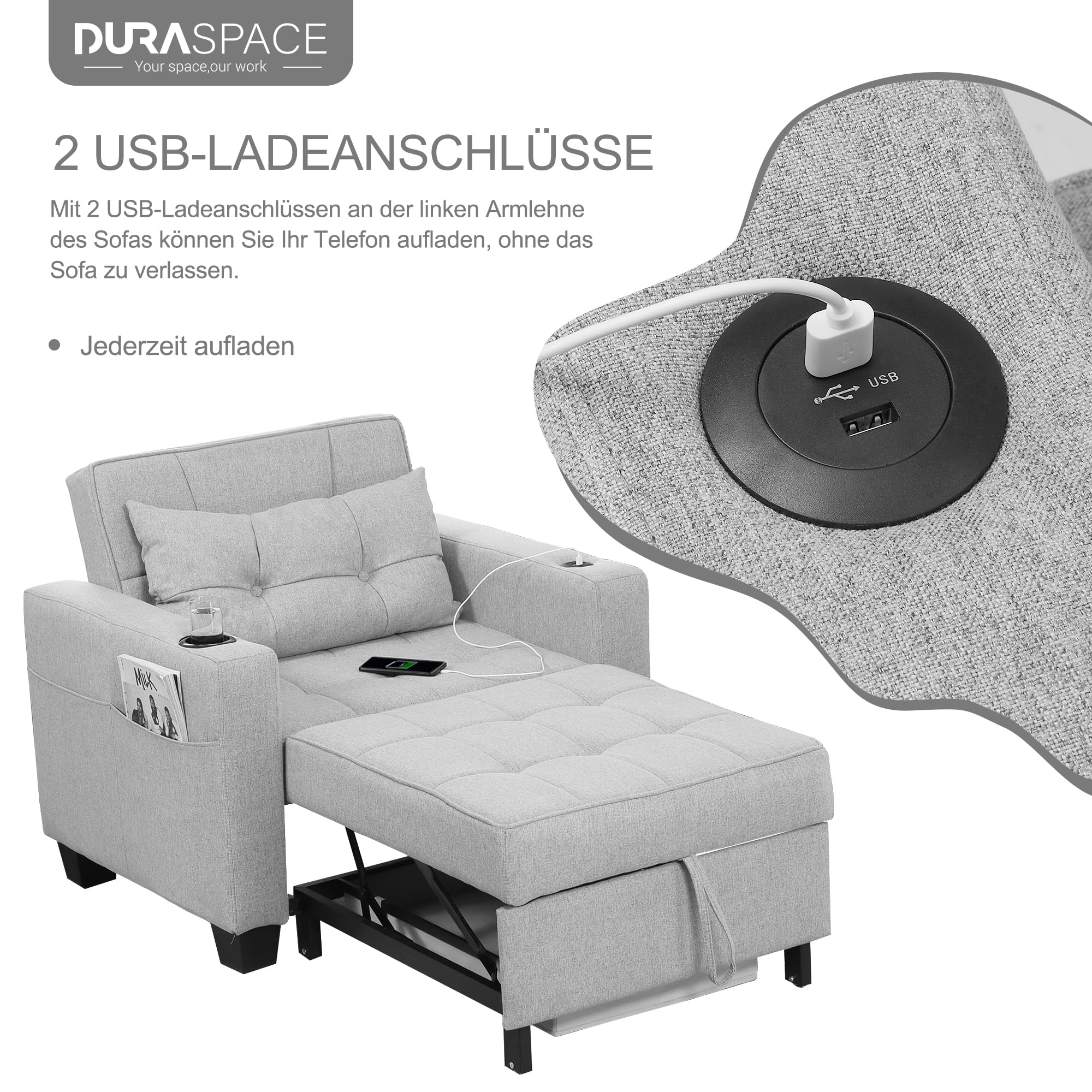 DURASPACE 3-in-1 Schlafsessel Schlafsofa,Verstellbares Schlafsofa