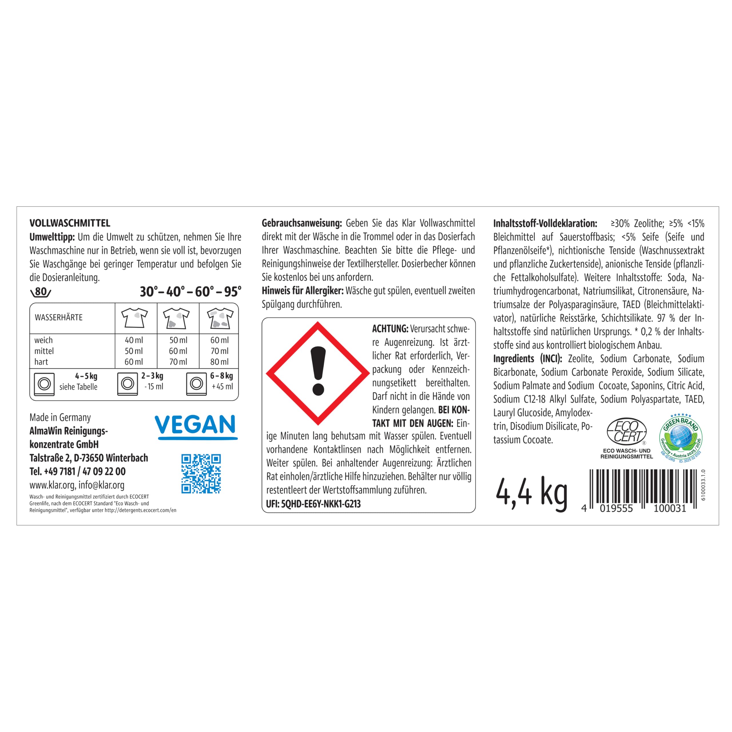 Klar Vollwaschmittel Pulver Sensitive 2x 4,4kg - 160 Ladungen