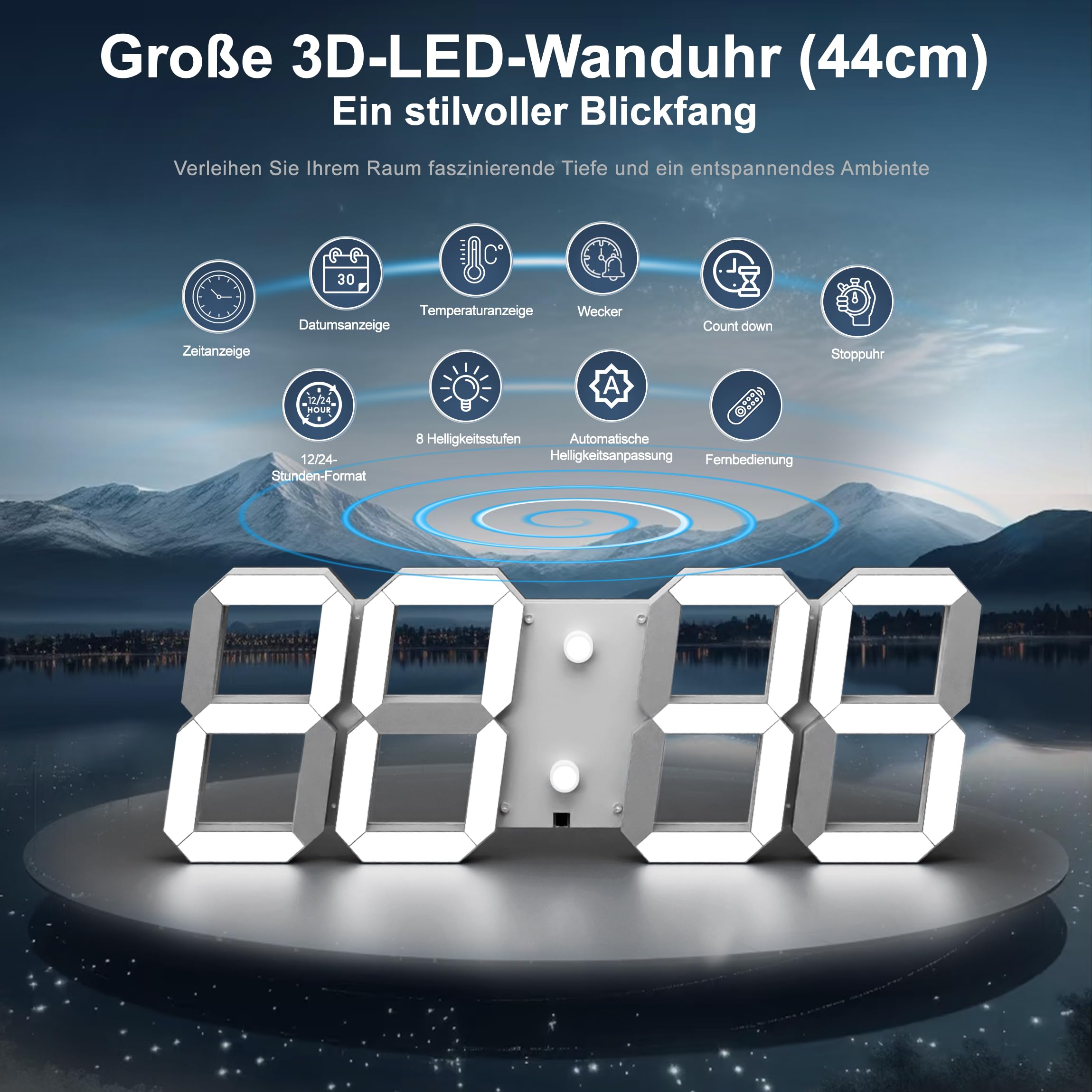 CHKOSDA Orologio da parete digitale a LED 3D, 44 cm, leggibilità fino a 50 m, bianco | cifre da 15 cm, telecomando, dimmer automatico, timer, alimentazione a rete per soggiorno, fitness, garage, ufficio, scuola.