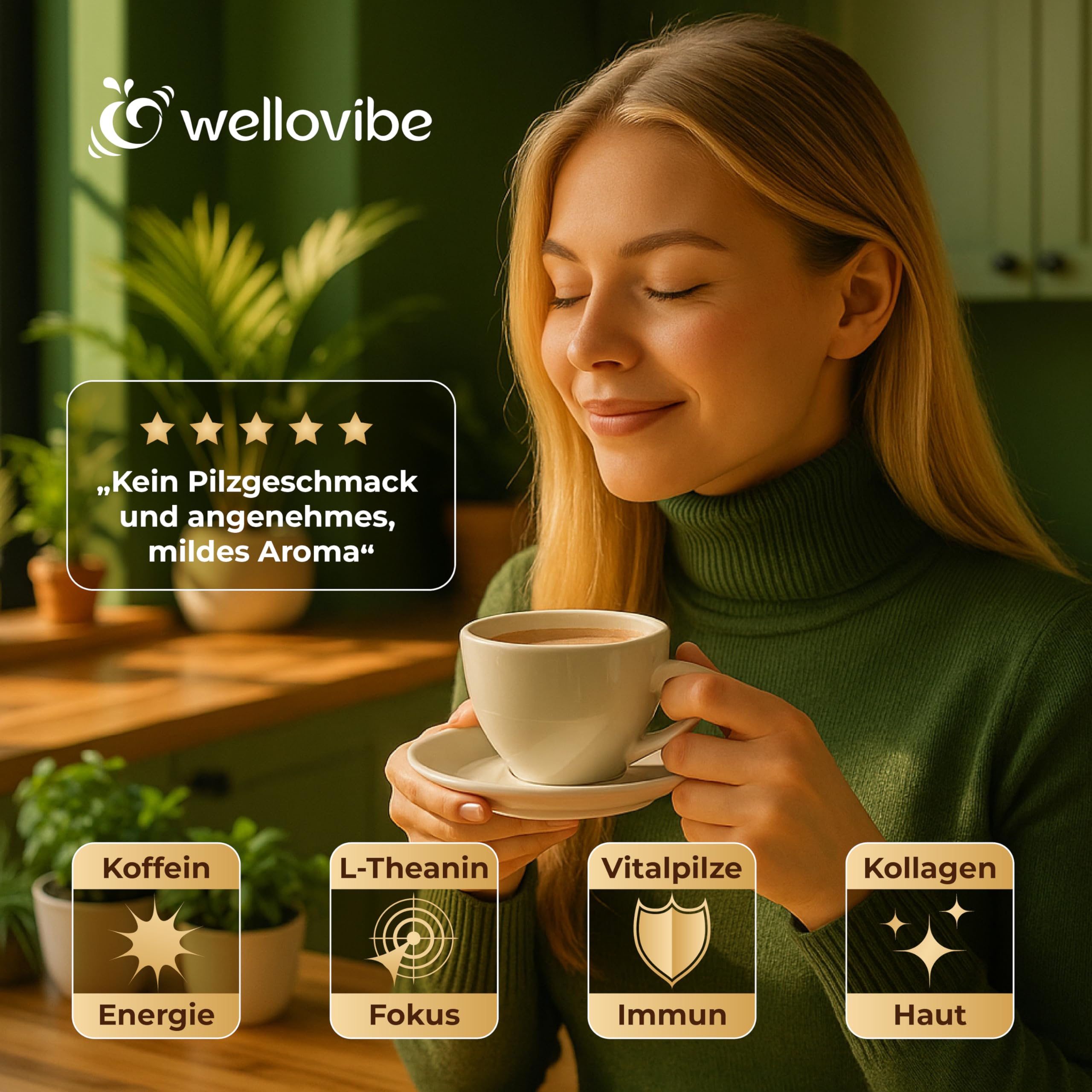 Mushroom Coffee mit Kollagen & L-Theanin - Adaptogener Pilzkaffee mit Löwenmähne, Cordyceps, Chaga & Reishi Pilzpulver für Fokus, Energie & Konzentration, 180 g